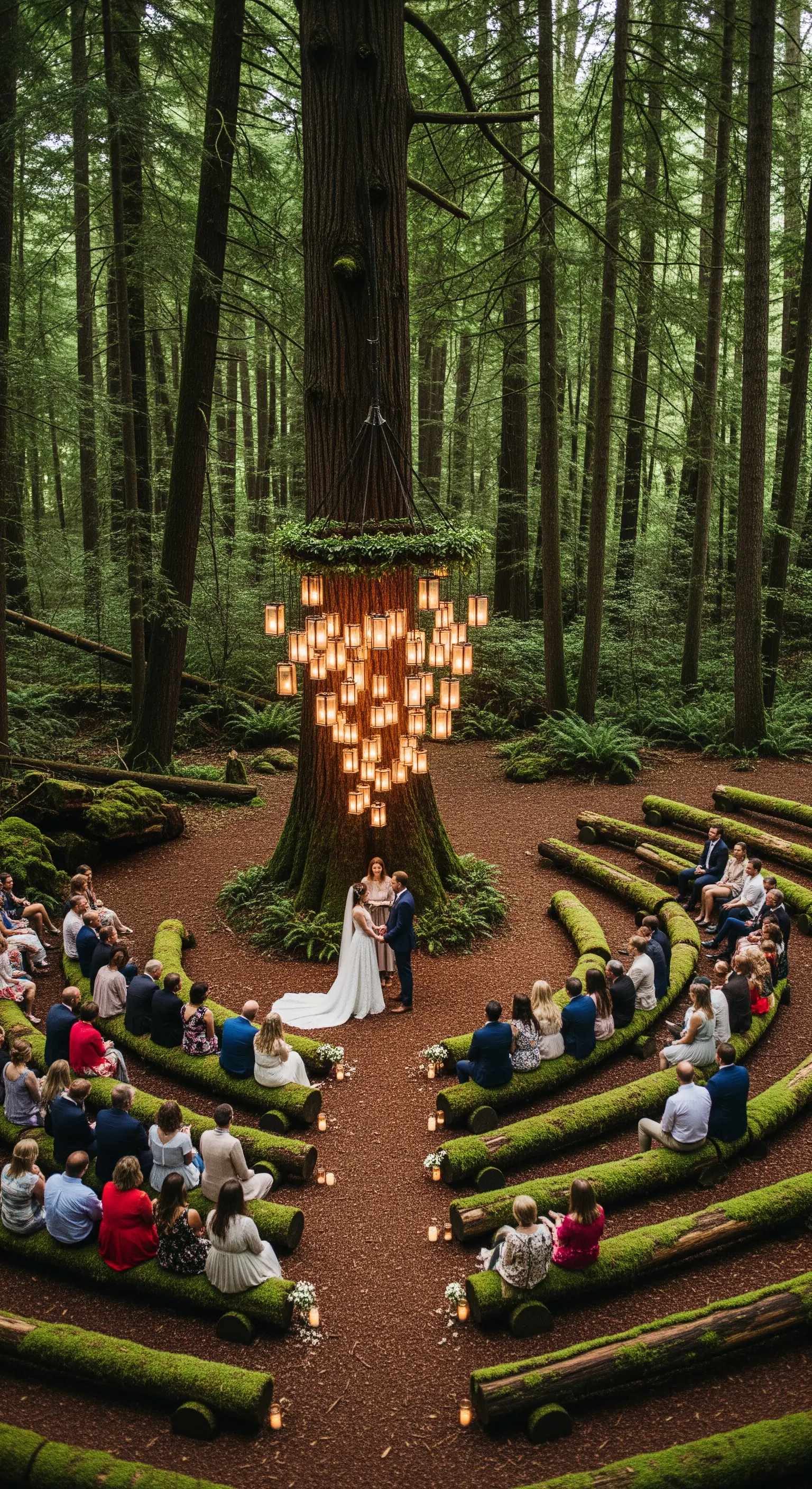 Cerimonia nel bosco con panche fatte di tronchi ricoperti di muschio e un albero illuminato.