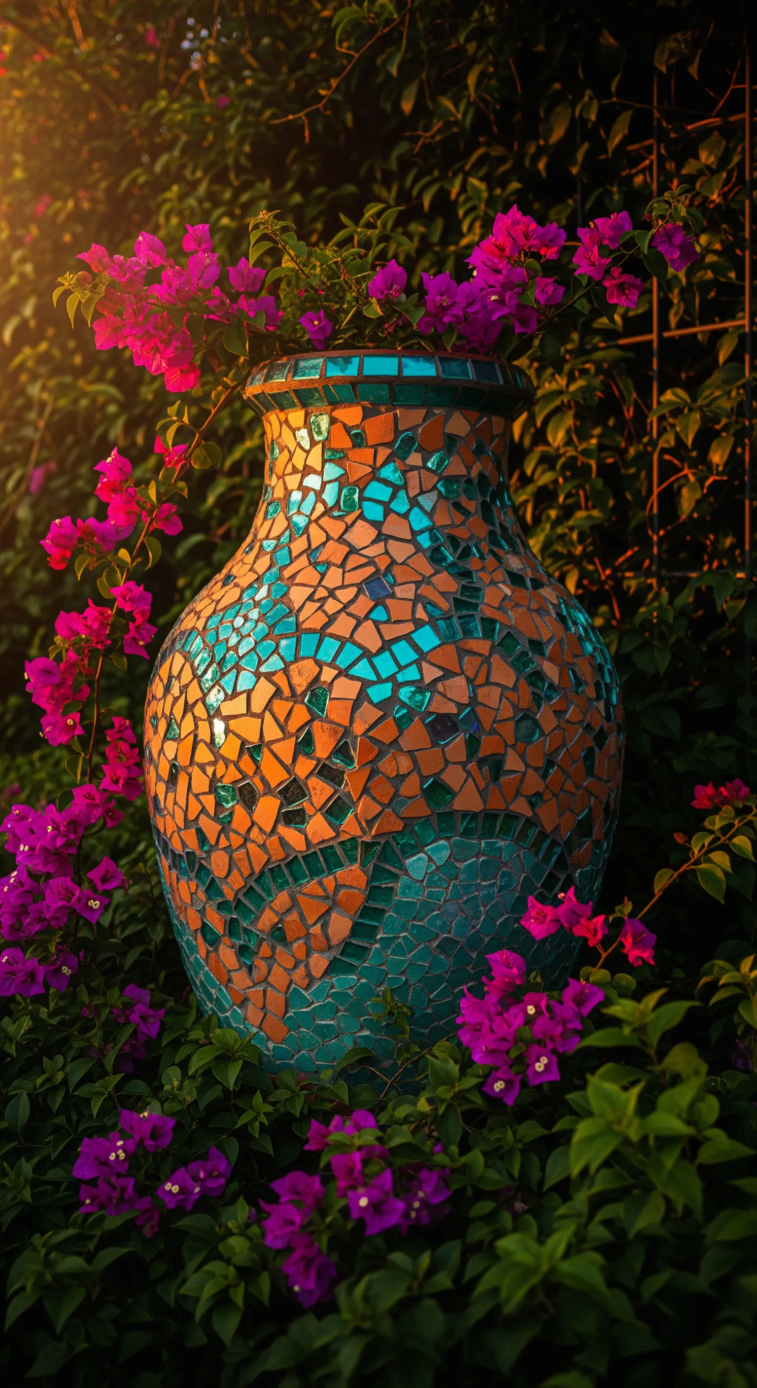 Grande anfora da giardino con mosaico arancione e turchese, circondata da fiori di bougainvillea fucsia.