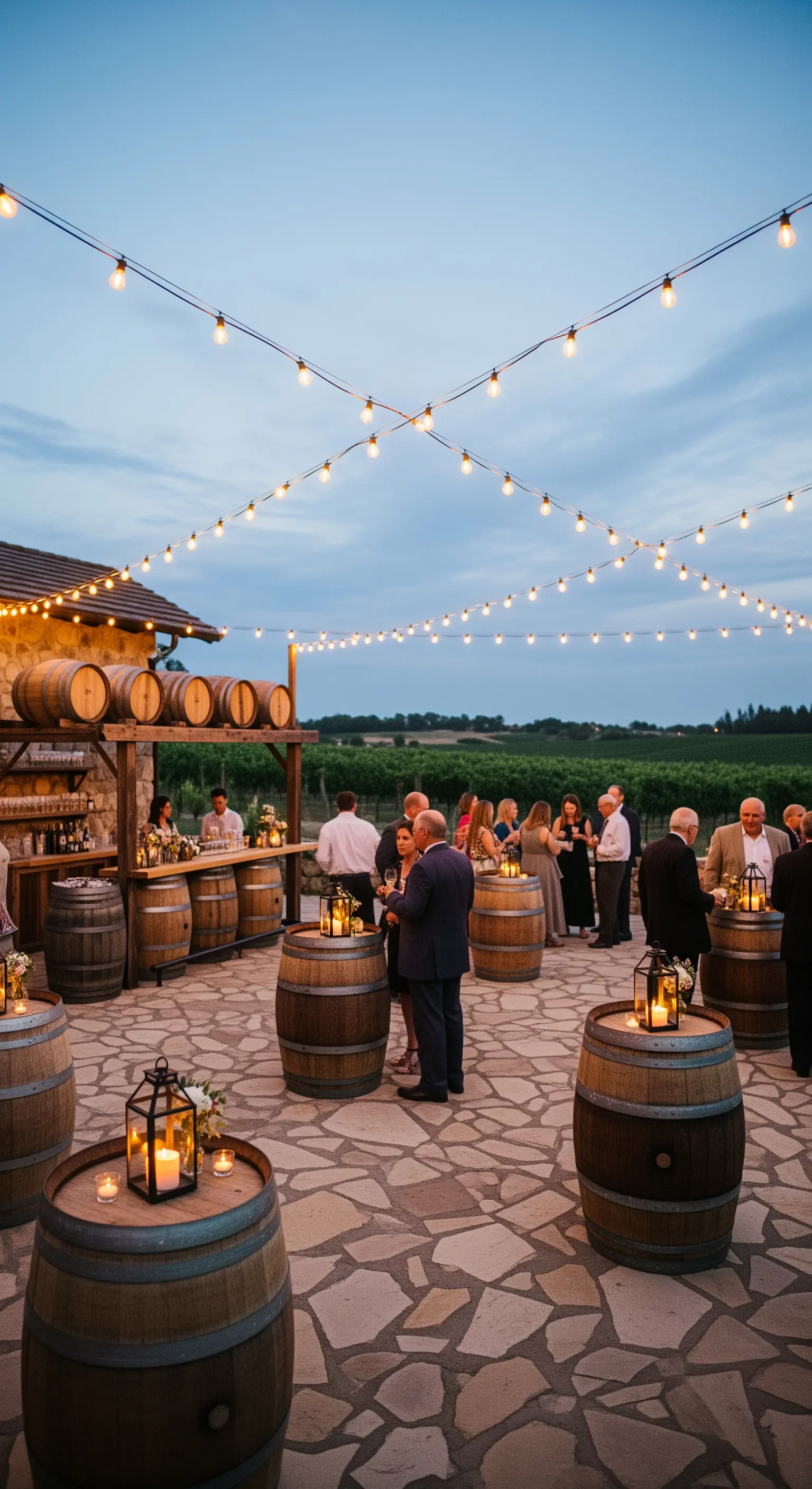 Aperitivo in vigneto con botti usate come tavoli d'appoggio e fili di lucine.
