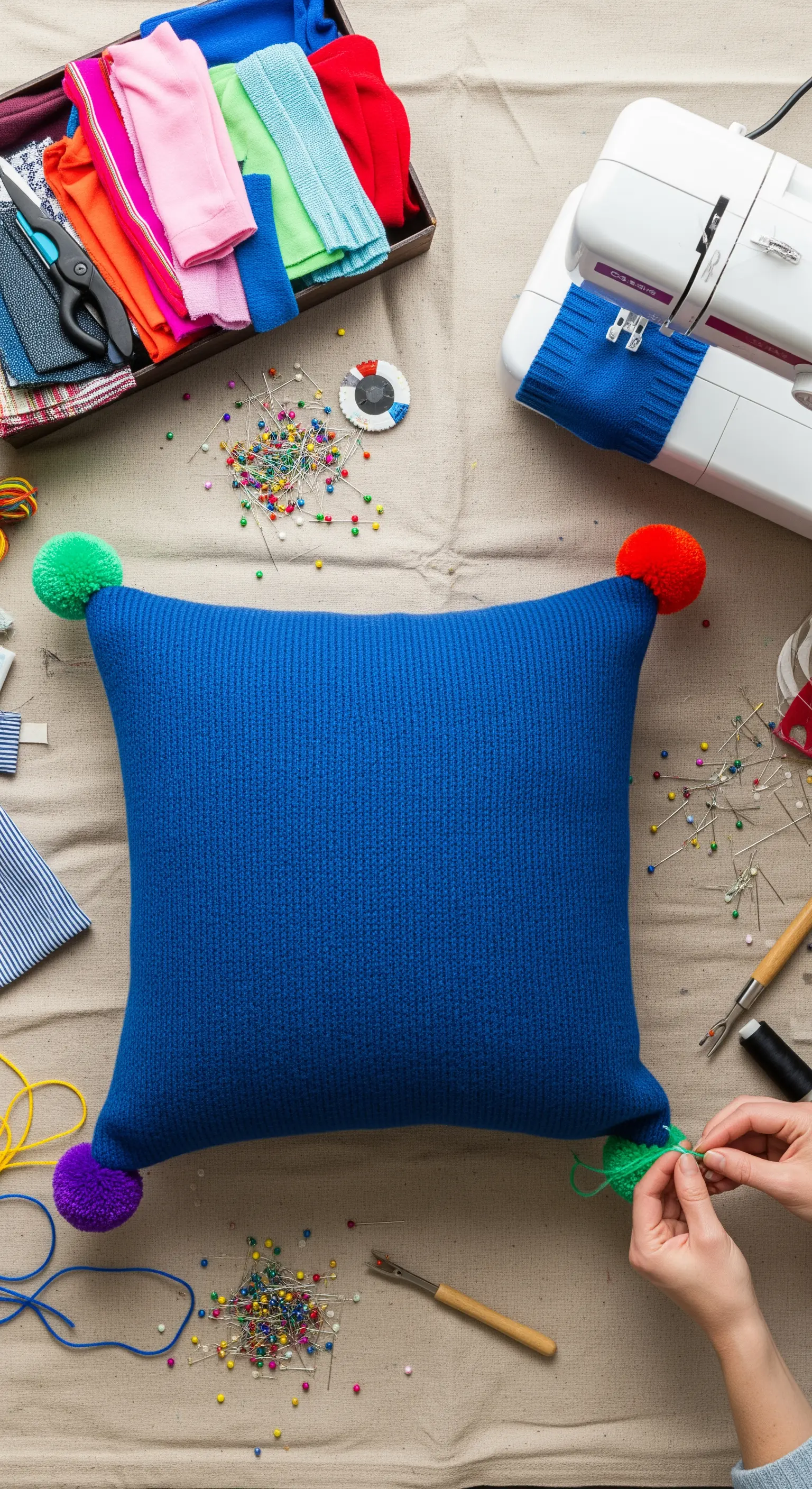 Fodera blu decorata con pompon multicolori agli angoli, in fase di realizzazione.