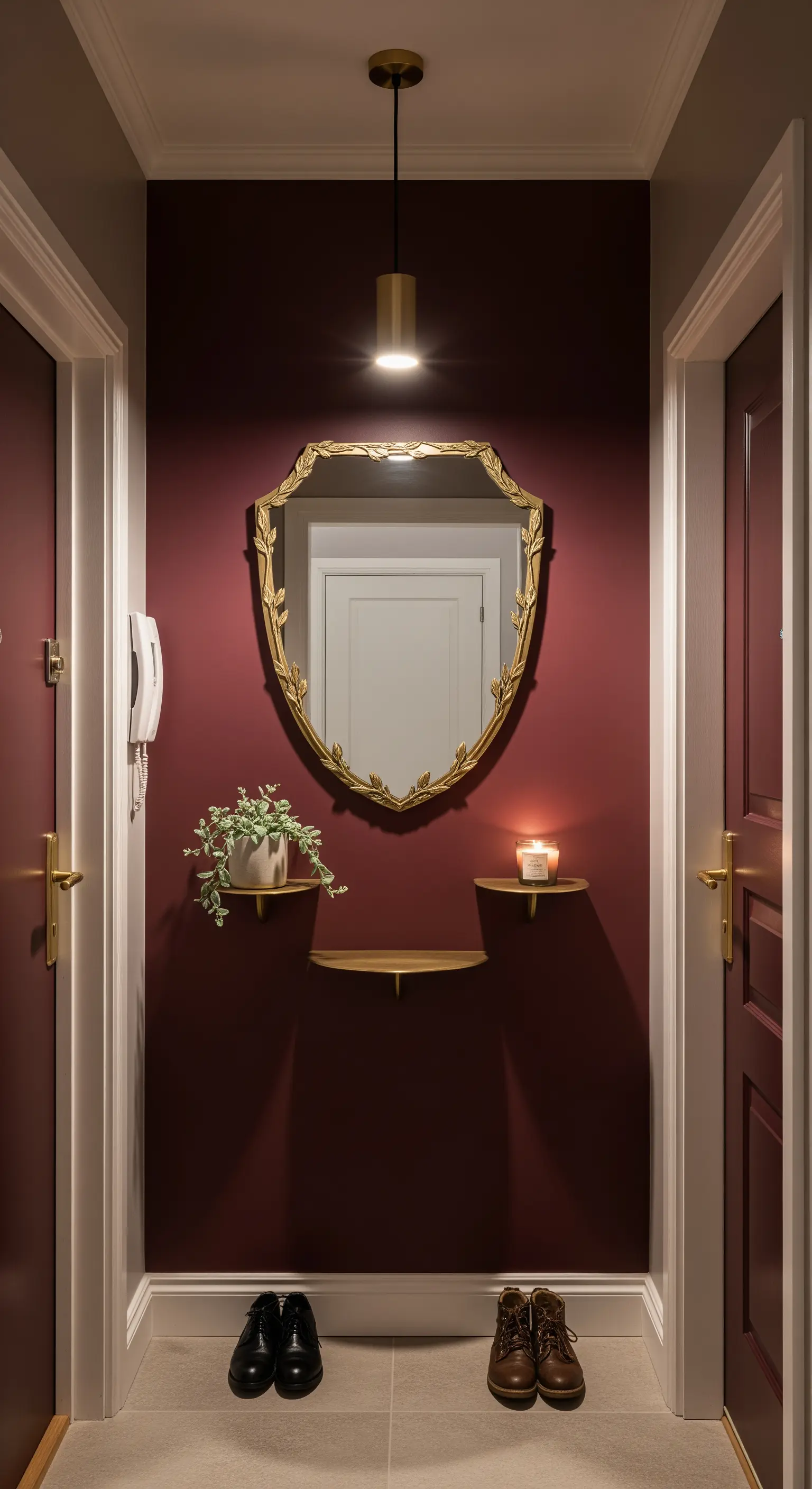 Piccolo ingresso color borgogna con specchio a scudo dorato e piccole mensole in ottone.
