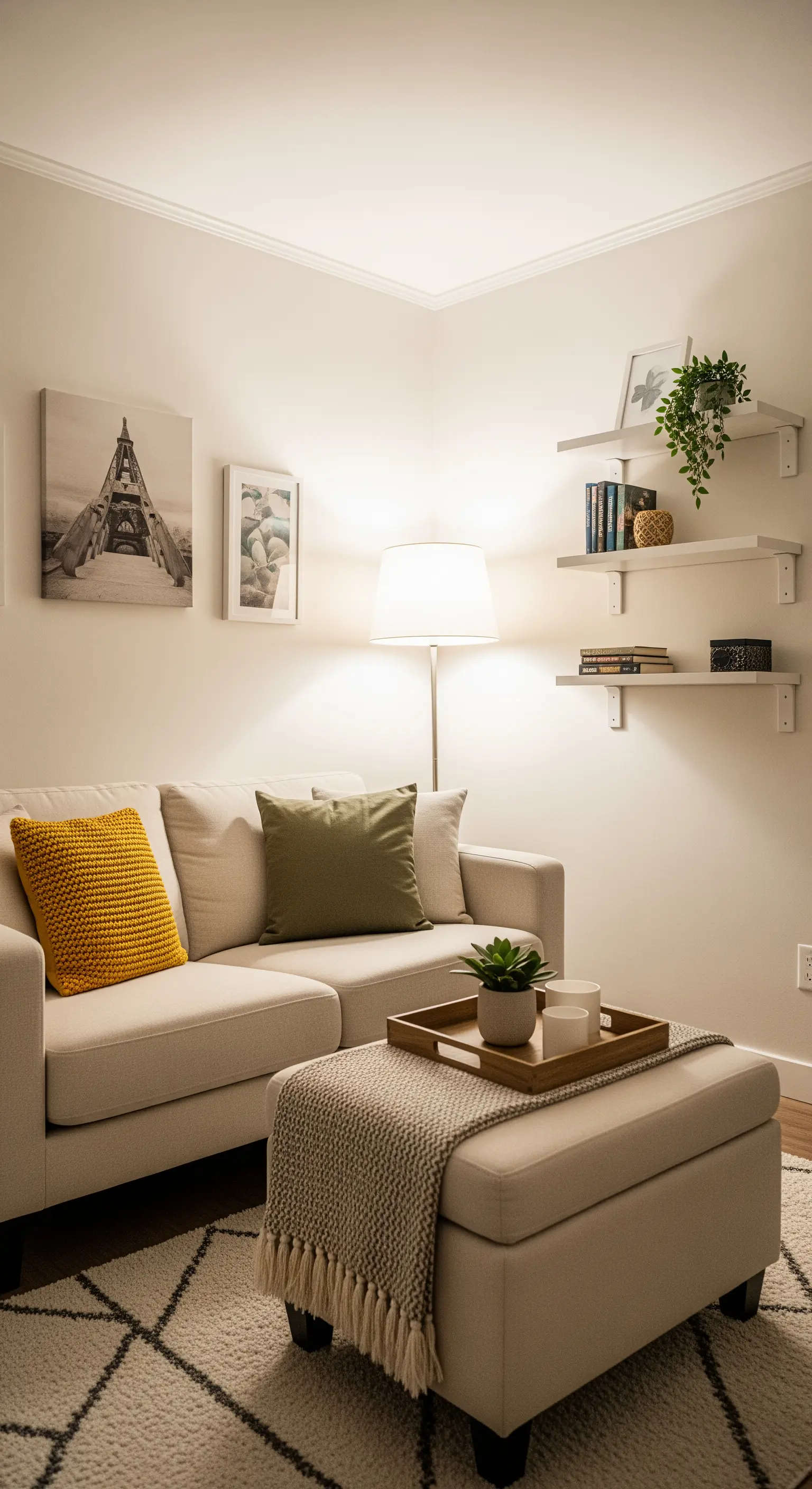 Piccolo soggiorno con divano beige, cuscini colorati e una lampada da terra accesa.