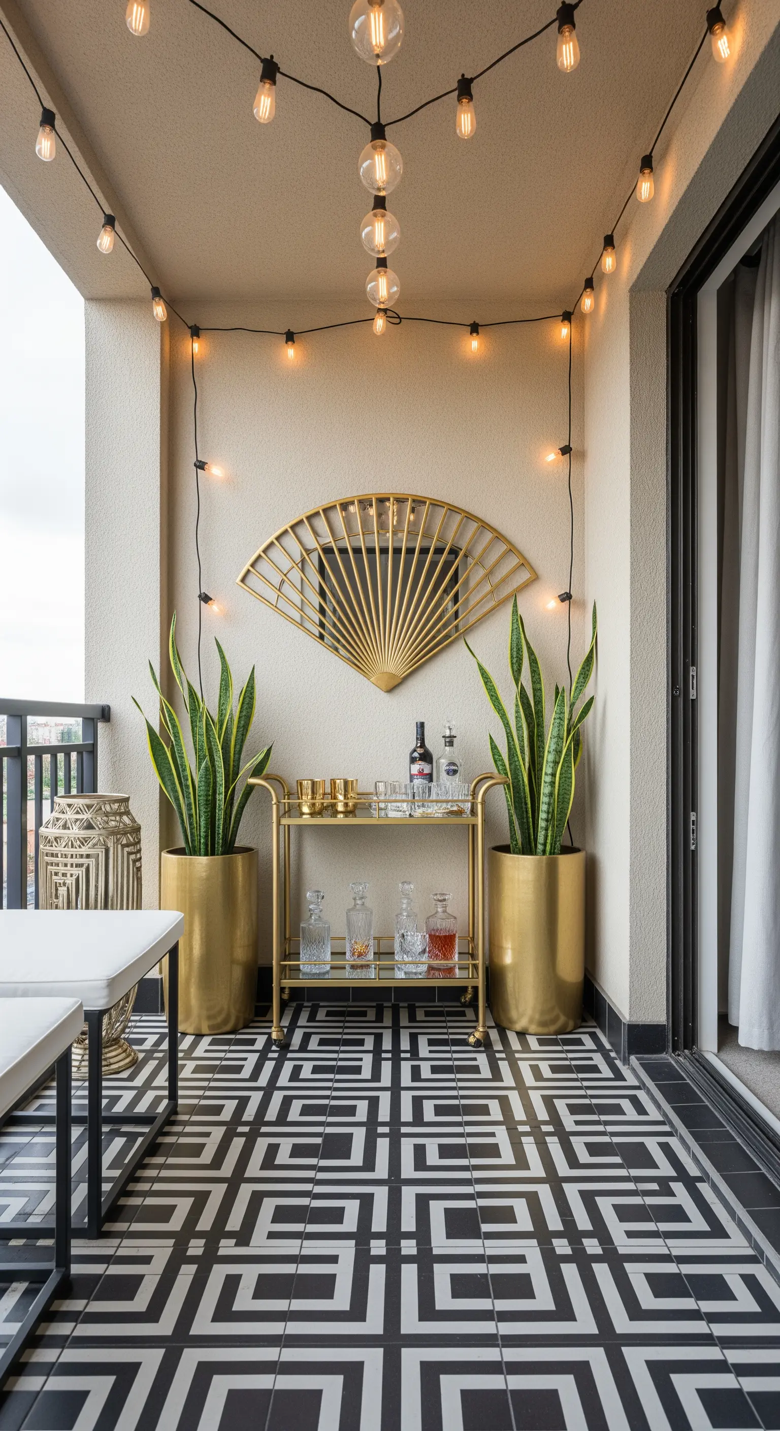 Balcone con carrello bar dorato, specchio a ventaglio e pavimento geometrico bianco e nero