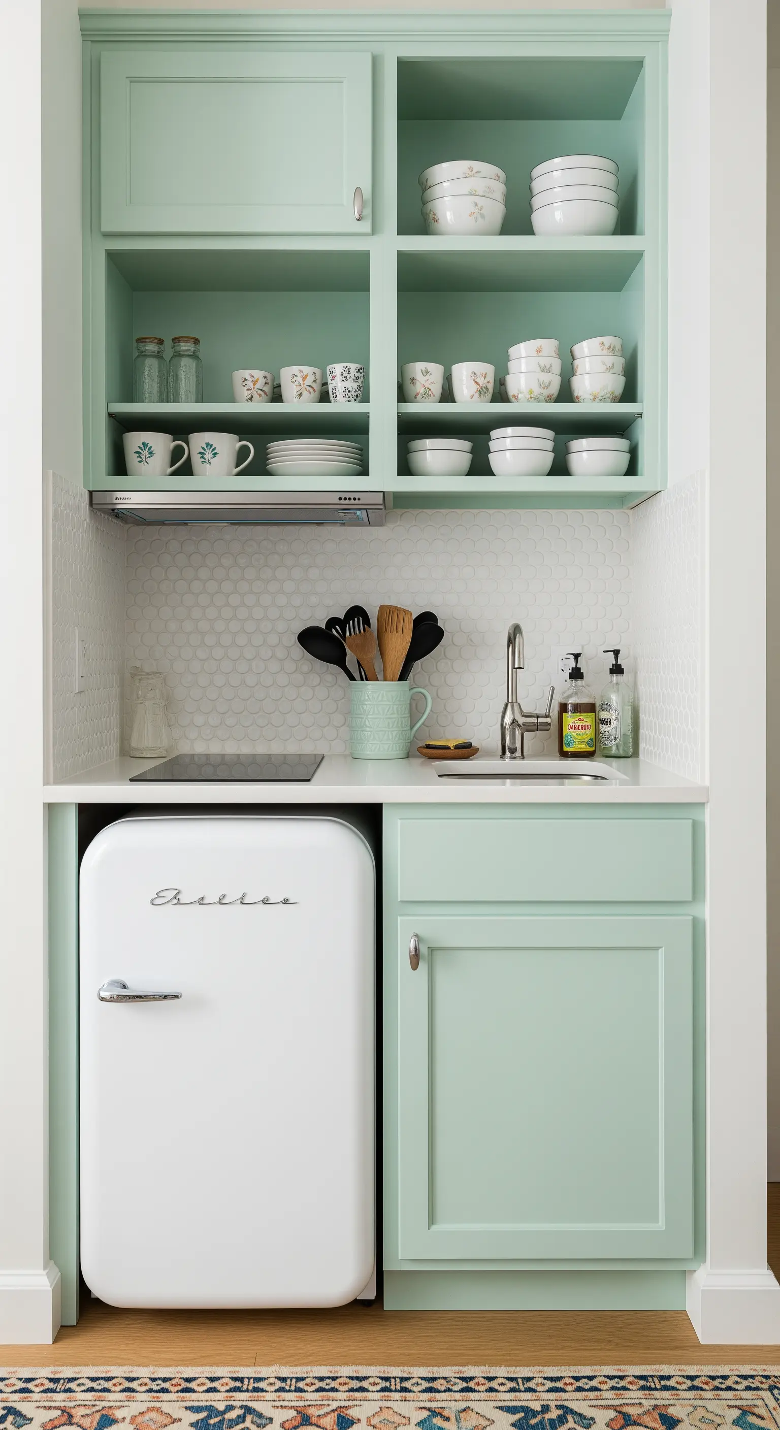 Cucinino compatto verde menta con mini frigo e piastrelle a squama.