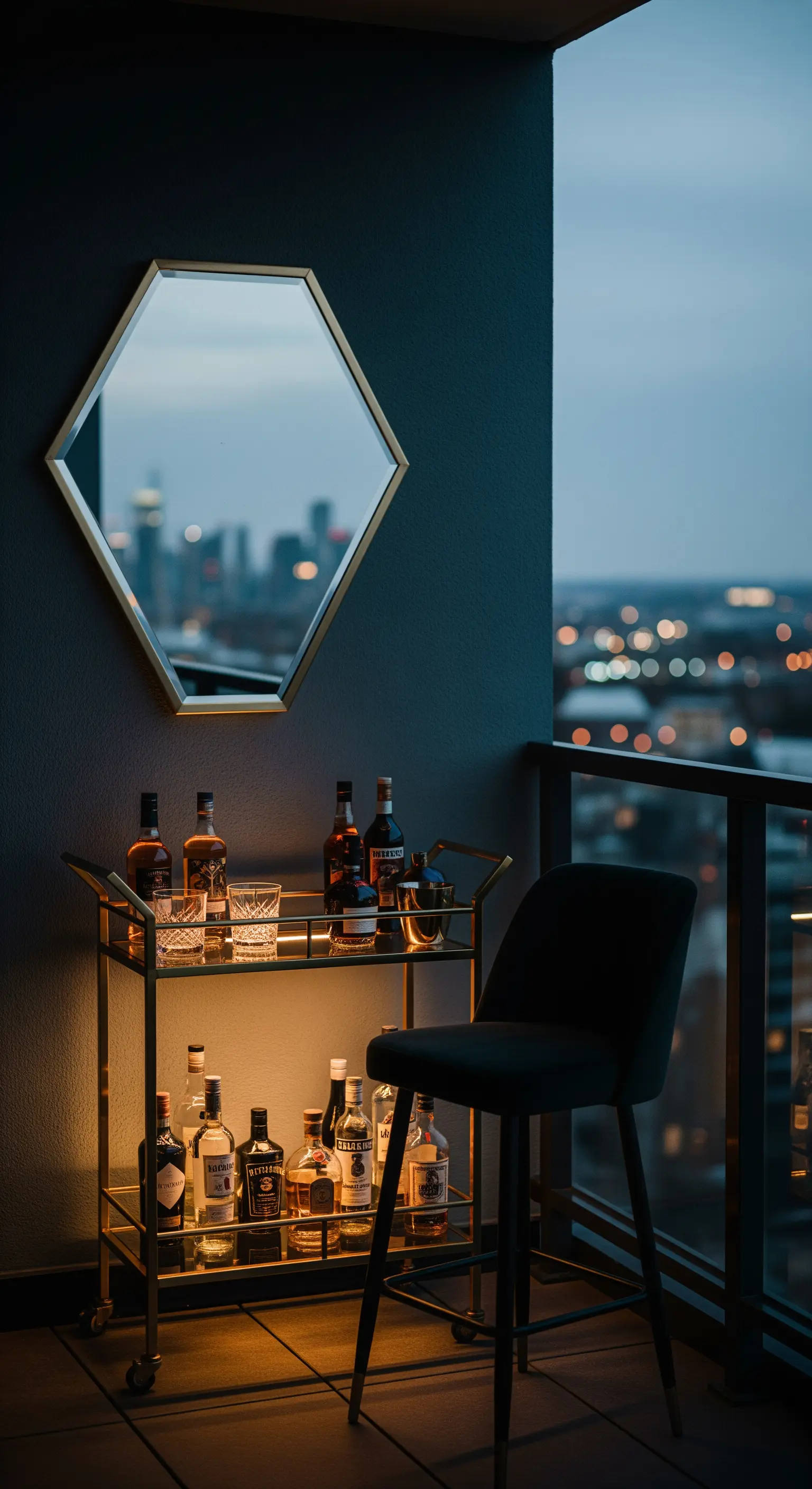 Carrello bar dorato con illuminazione interna a LED e specchio esagonale appeso alla parete.