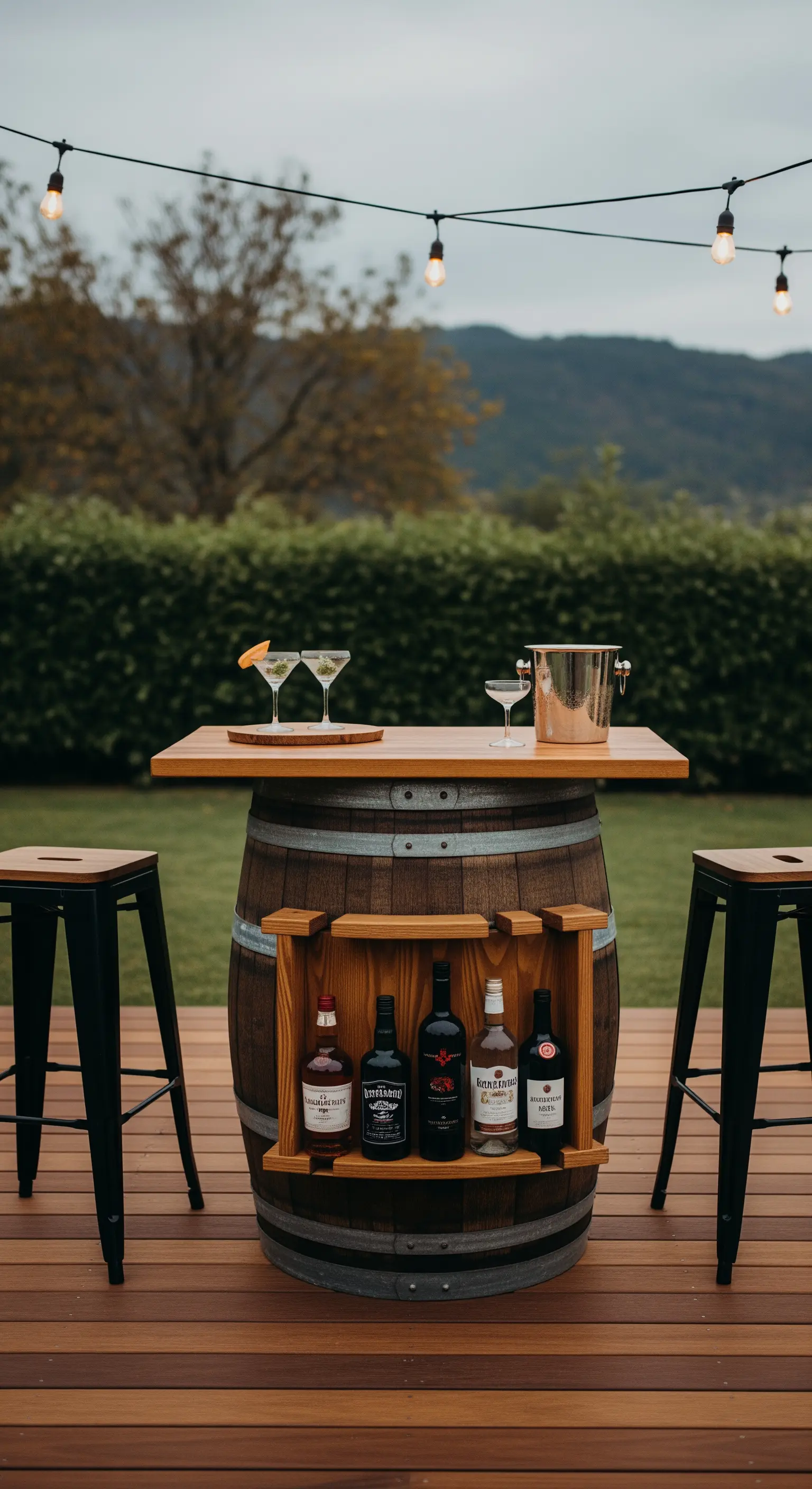 Botte di vino usata come tavolo da bar per esterni con portabottiglie integrato.