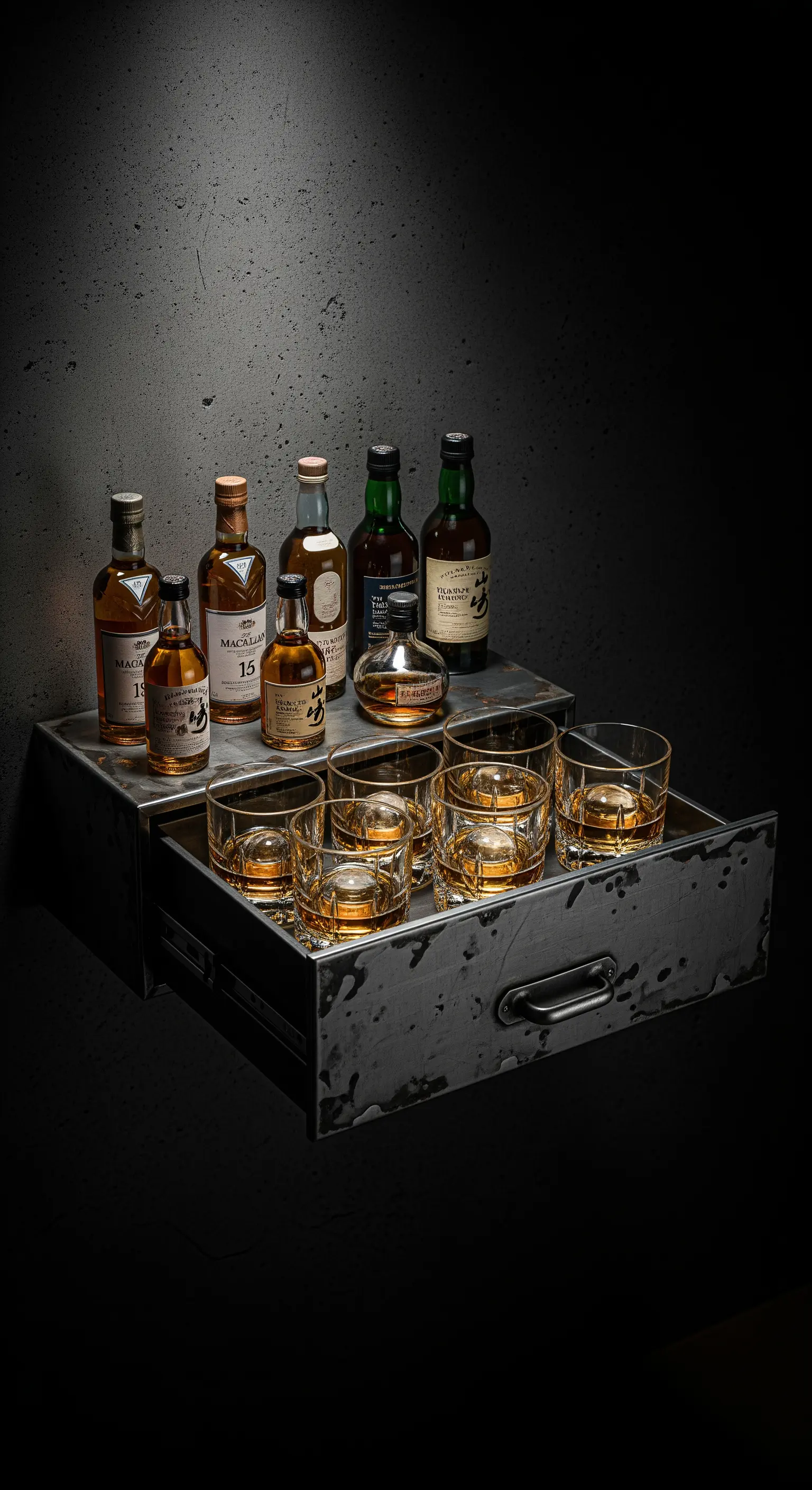 Vecchio cassetto da archivio in metallo che espone bottiglie di whisky e bicchieri da degustazione.