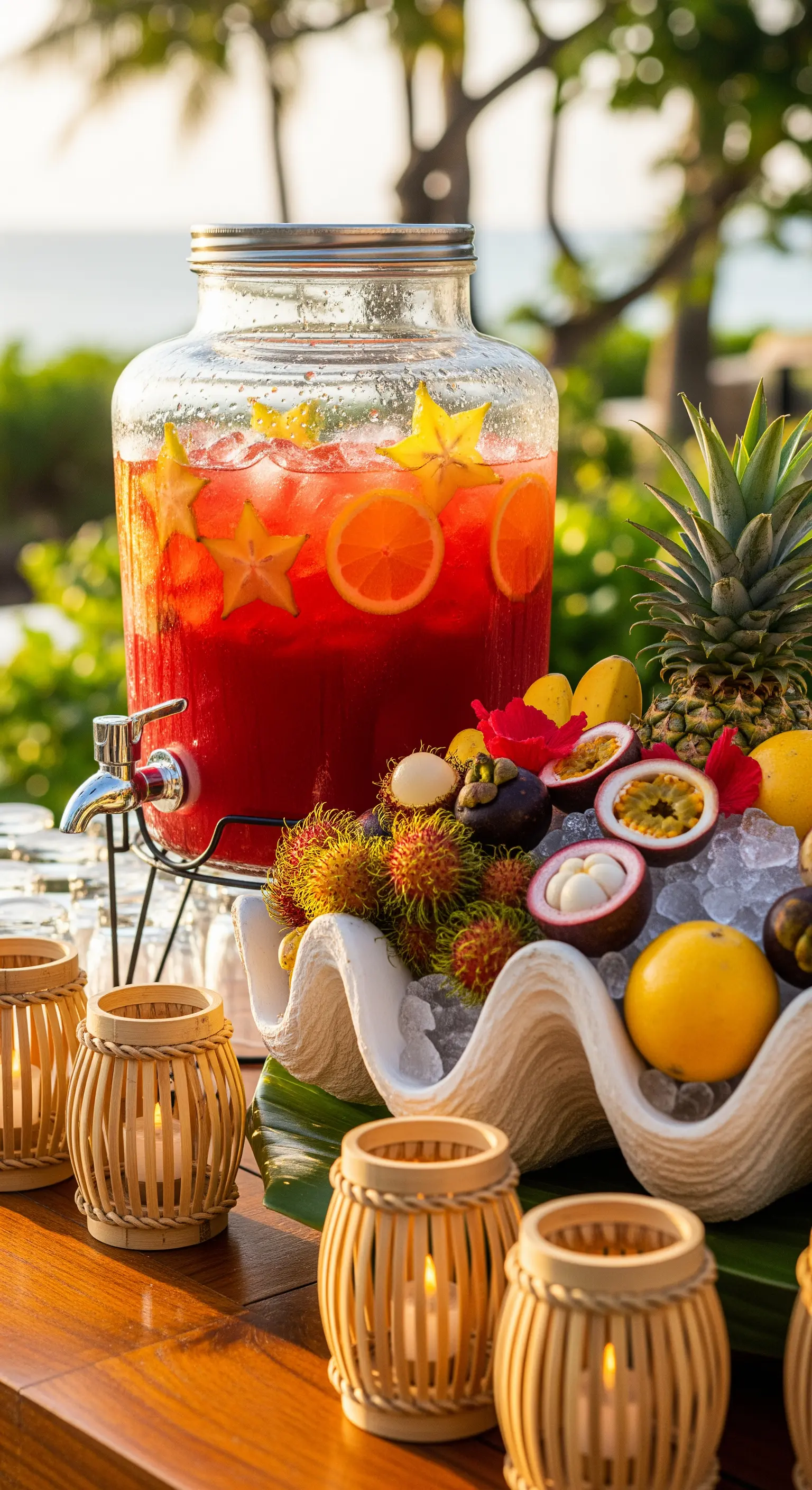 Angolo bar tropicale con dispenser di punch, frutta esotica e piccole lanterne in bambù.