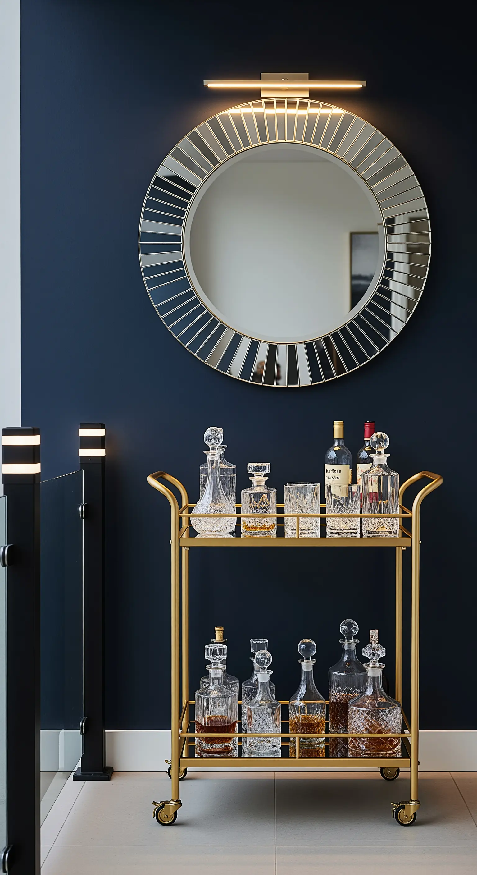 Carrello bar dorato davanti a una parete blu, con sopra uno specchio rotondo sfaccettato.