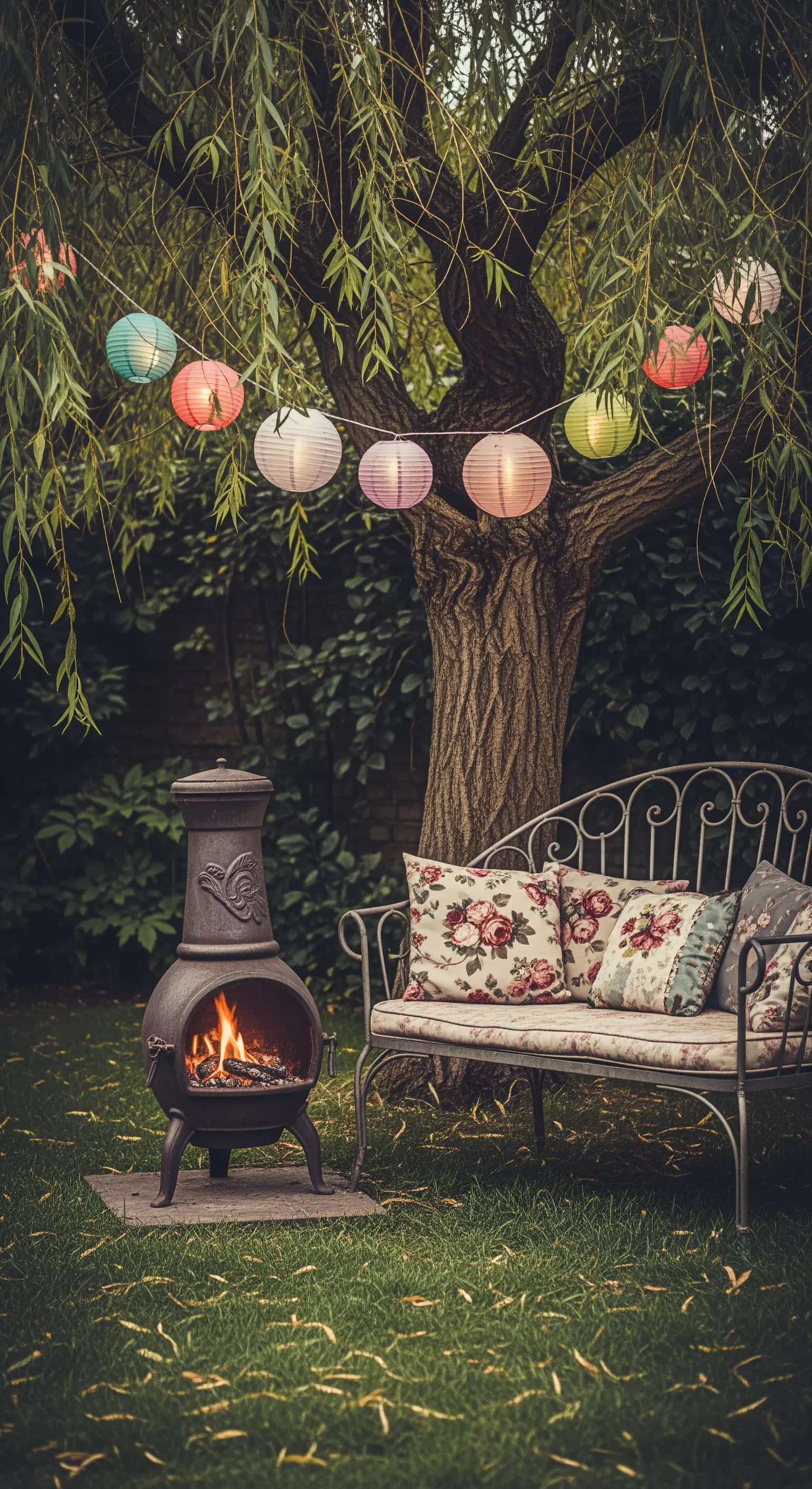 Panca in ferro battuto e camino chimenea sotto un salice decorato con lanterne di carta colorate.