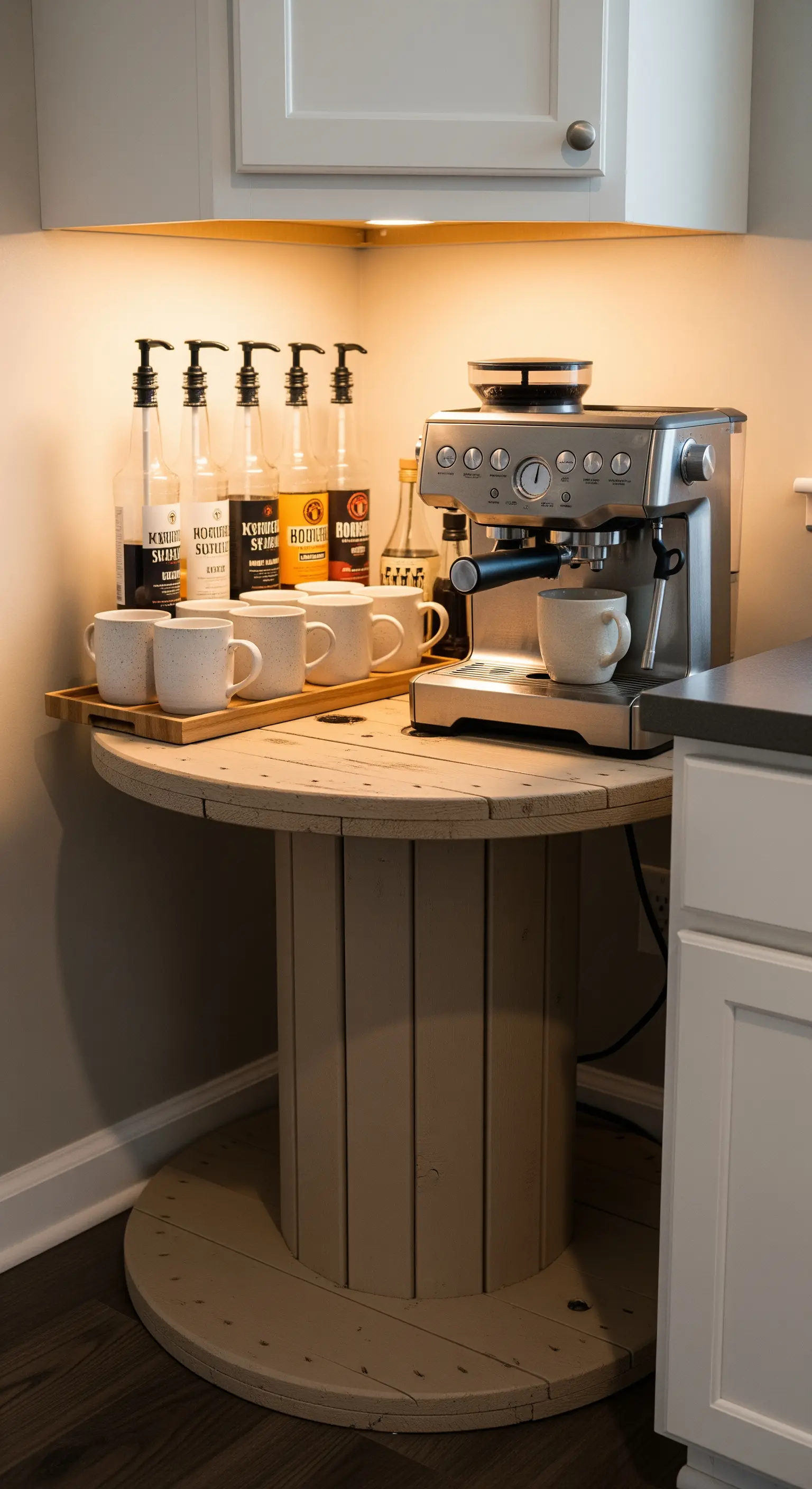 Bobina di legno grezzo usata come mobiletto per una macchina del caffè in una cucina moderna.