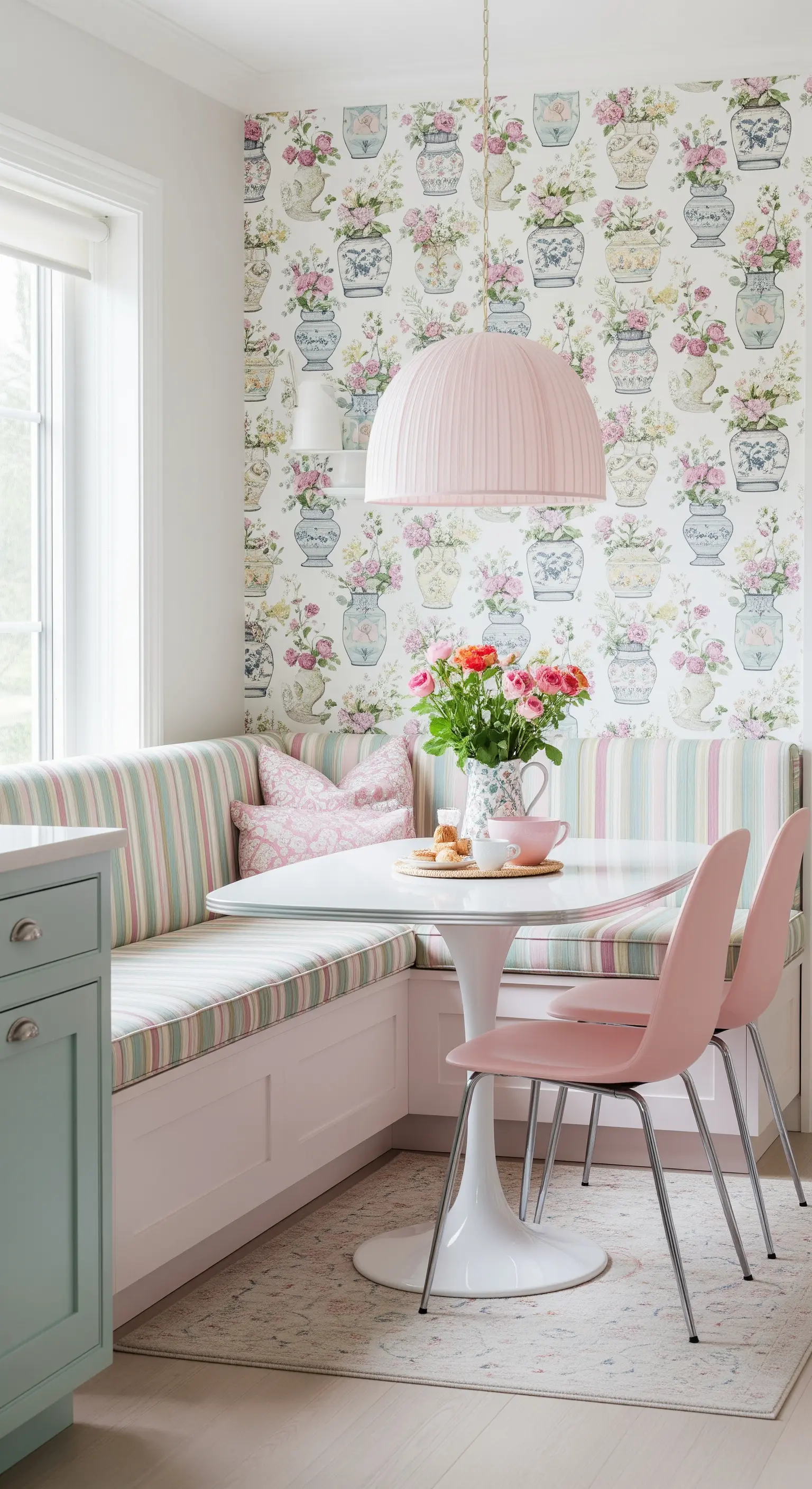 Angolo colazione con panca a righe e carta da parati floreale.