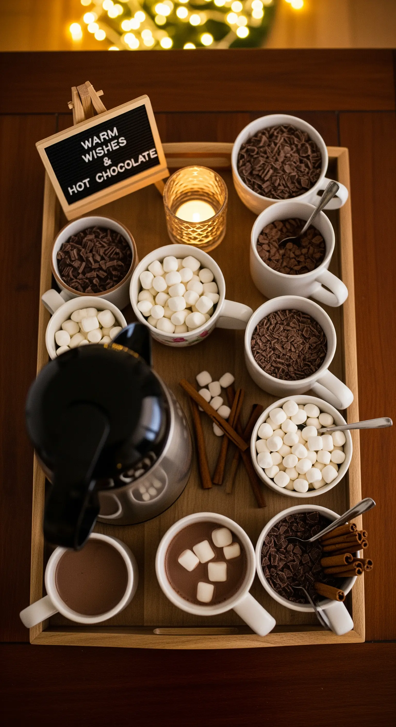 Vassoio con bar per cioccolata calda fai-da-te, con tazze, marshmallow e scaglie di cioccolato
