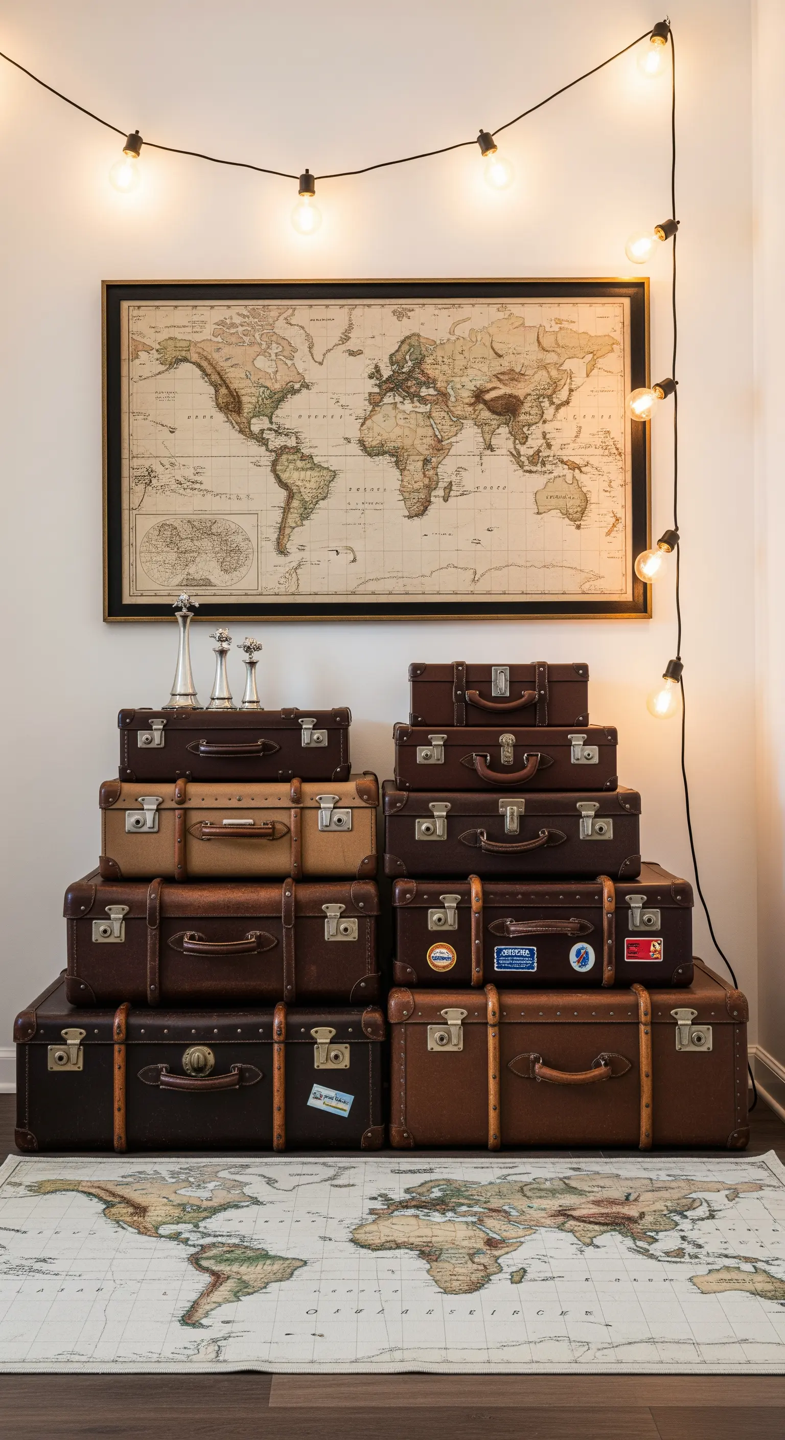 Composizione con valigie vintage impilate, una mappa del mondo e luci a bulbo.