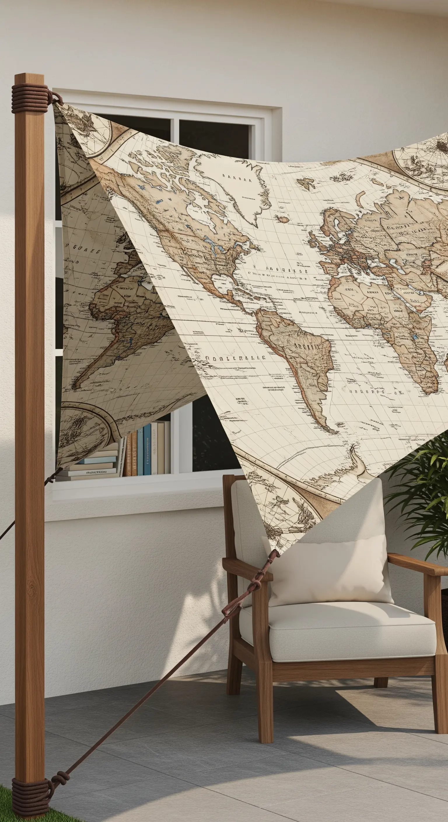 Tenda da sole con la stampa di una mappa del mondo antica che ombreggia una poltrona.