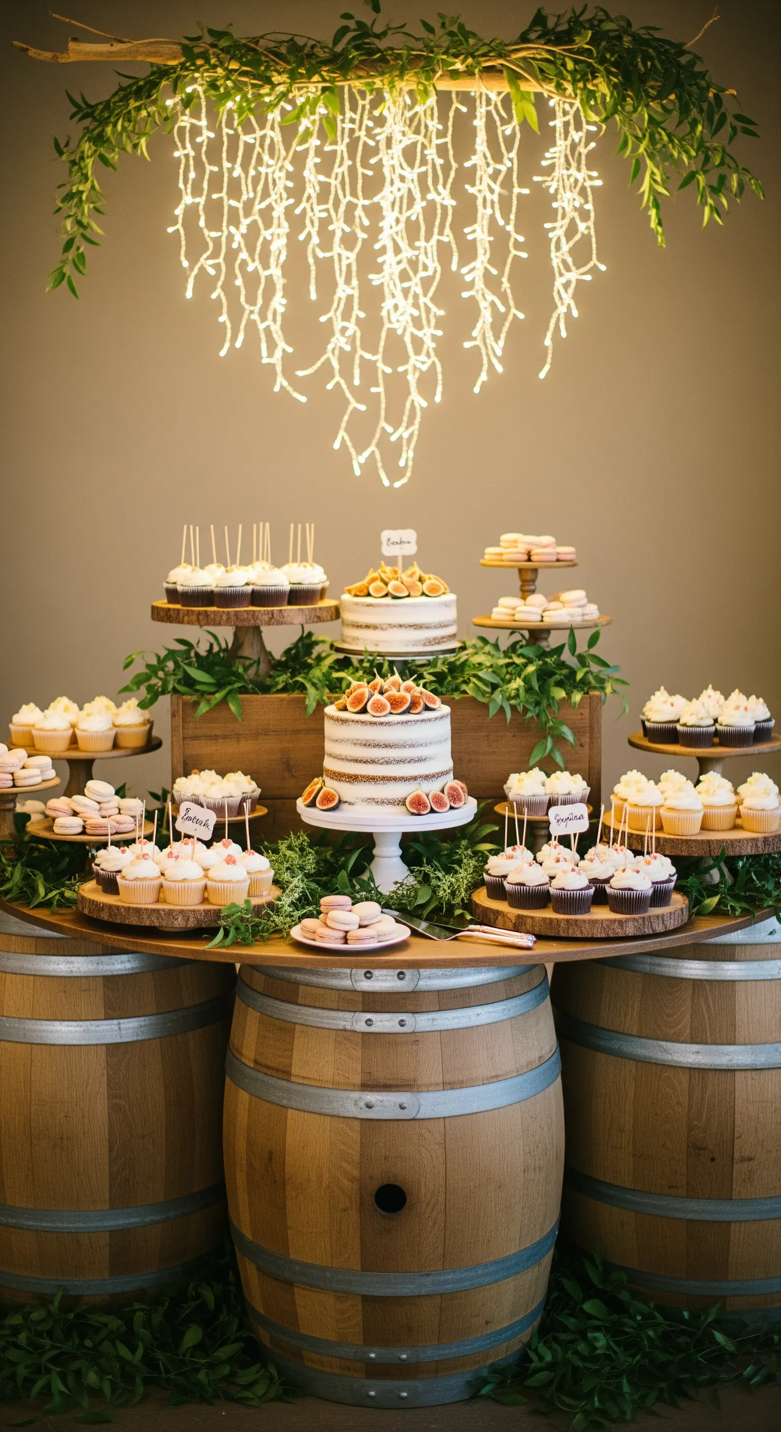 Sweet table con torte e dolci su botti di legno, sotto una cascata di lucine.
