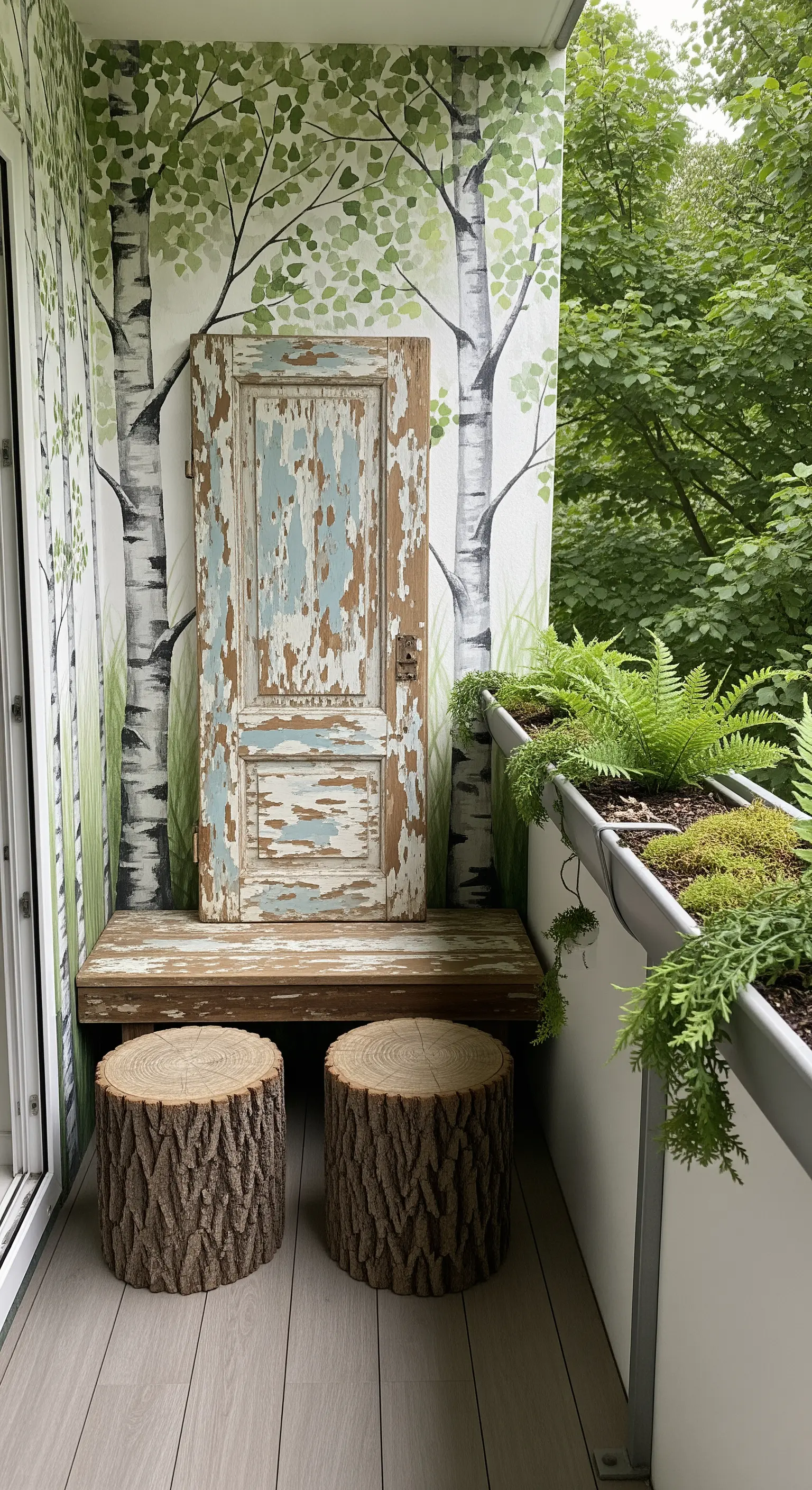Balcone con murale di betulle, una vecchia porta scrostata e sgabelli a forma di tronco.