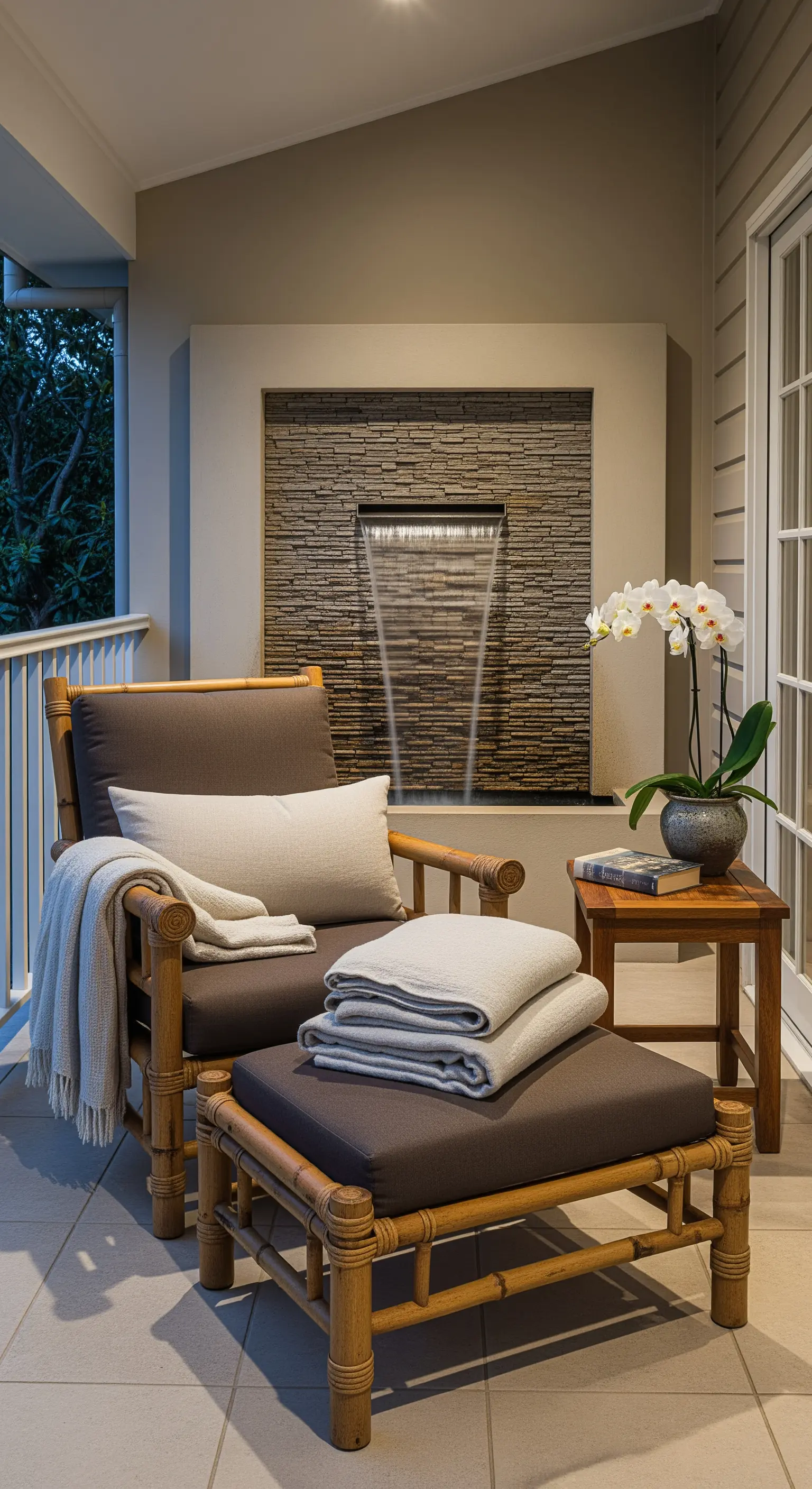 Balcone con poltrona in bambù, poggiapiedi e piccola cascata a parete.