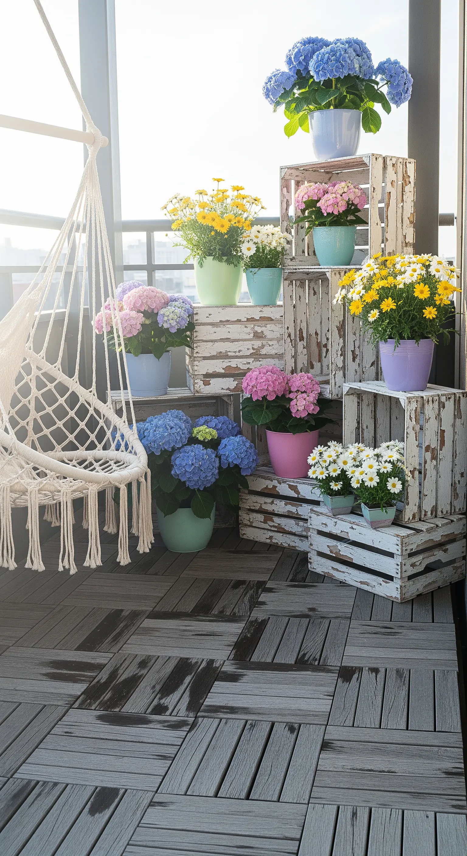 Angolo di un balcone con cassette di legno bianche decapate e fiori colorati in vasi pastello.