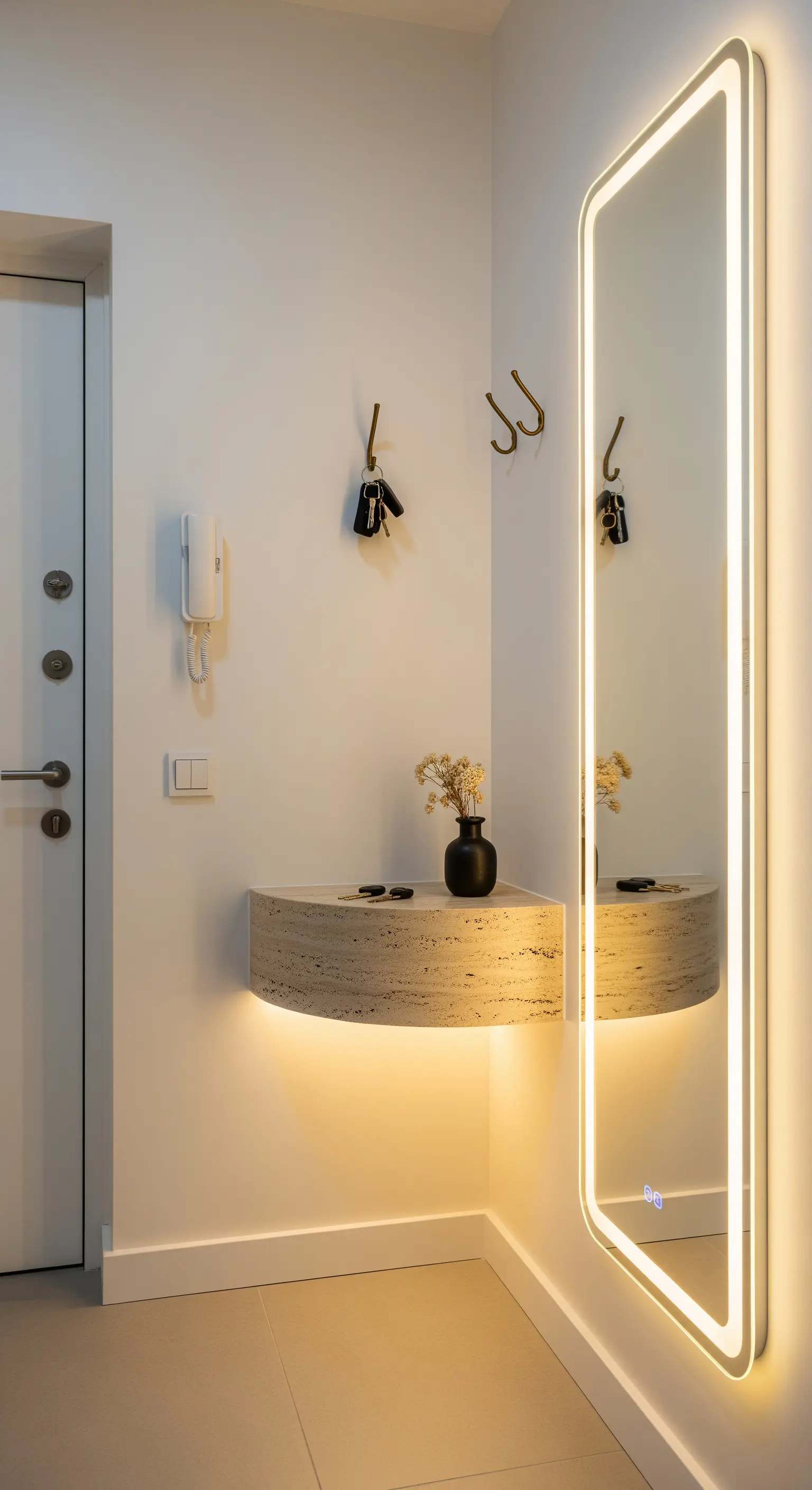 Piccola mensola sospesa in travertino con specchio a figura intera retroilluminato.