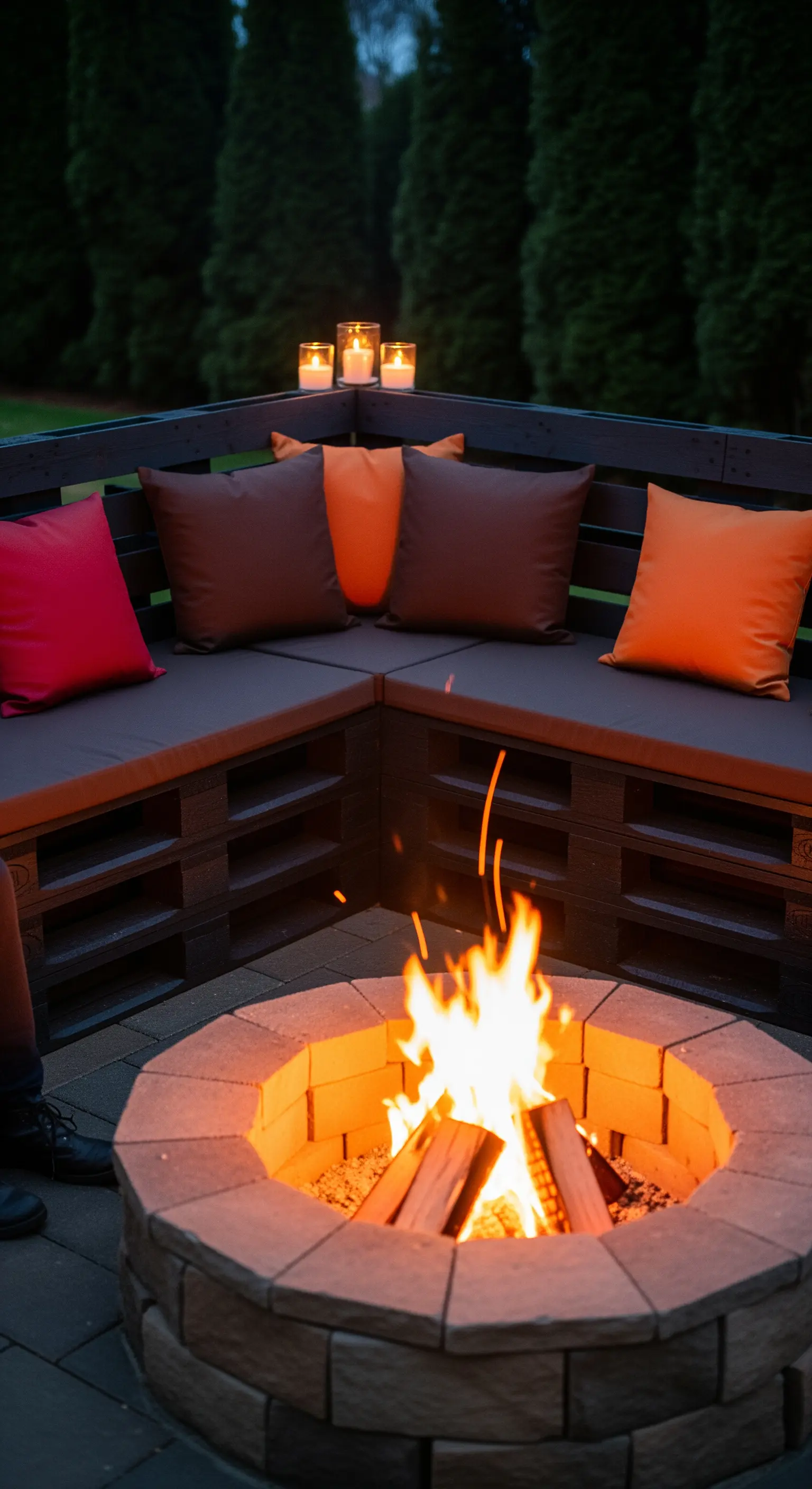 Divano angolare in pallet scuri con cuscini colorati intorno a un braciere rotondo acceso