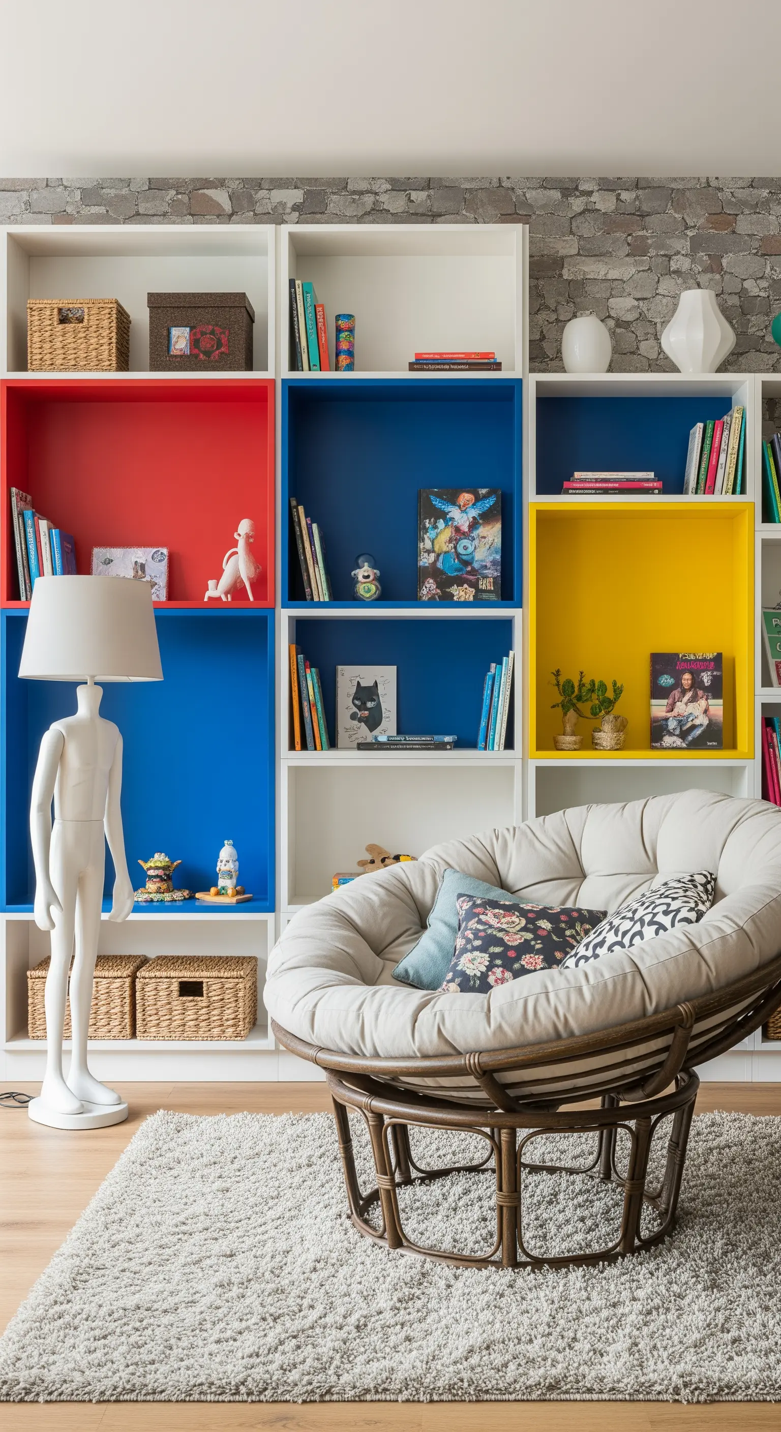 Libreria a cubi con fondali colorati e una comoda poltrona papasan rotonda.