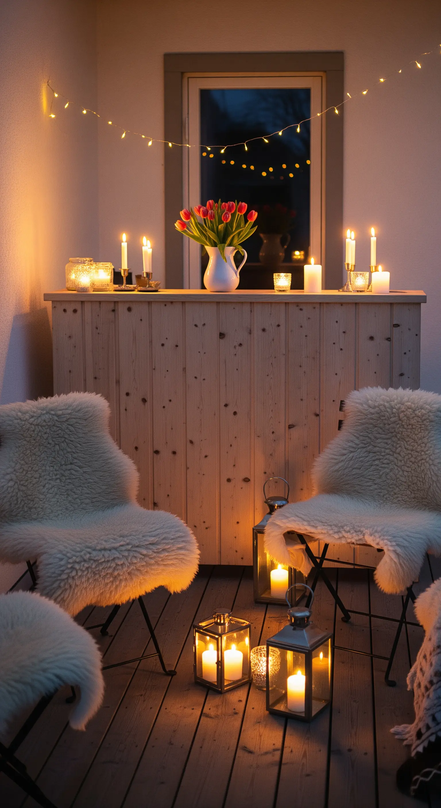 Balcone scandinavo con bar in legno, sedie con pelli di pecora e tante lanterne.