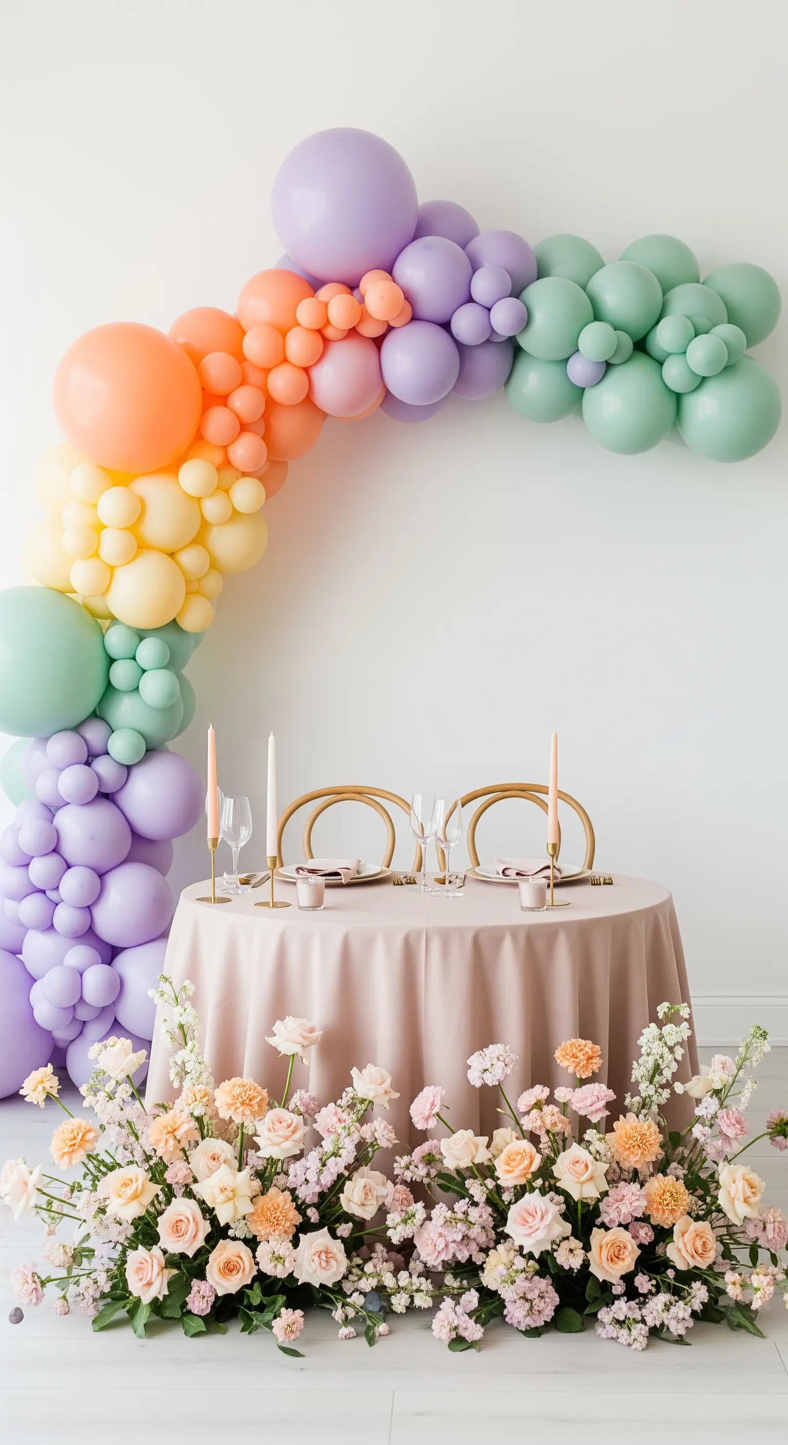 Tavolo per due incorniciato da un arco di palloncini in toni pastello e fiori delicati.