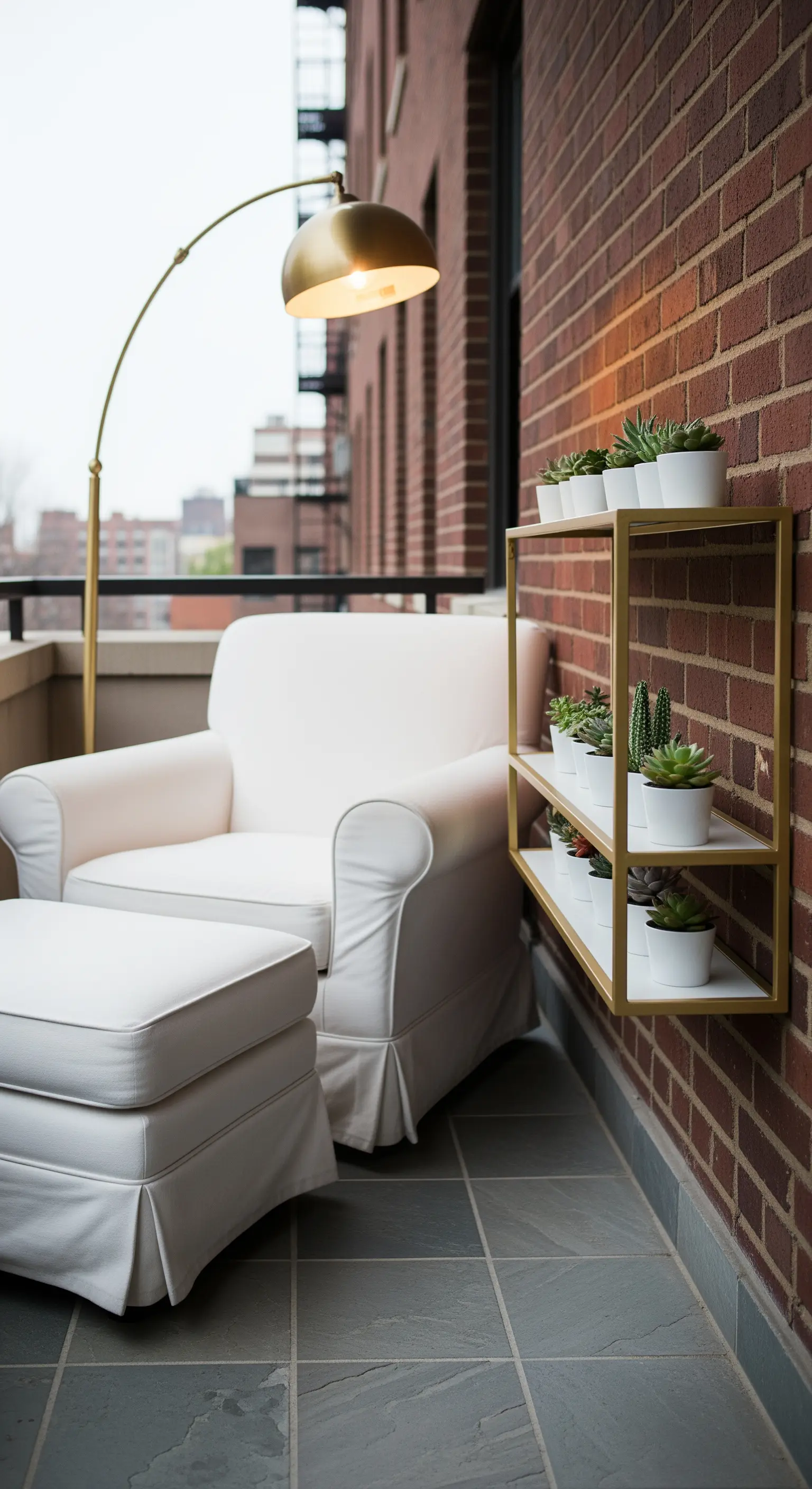Angolo lettura su un balcone con poltrona bianca, lampada ad arco dorata e mensole con piante grasse.