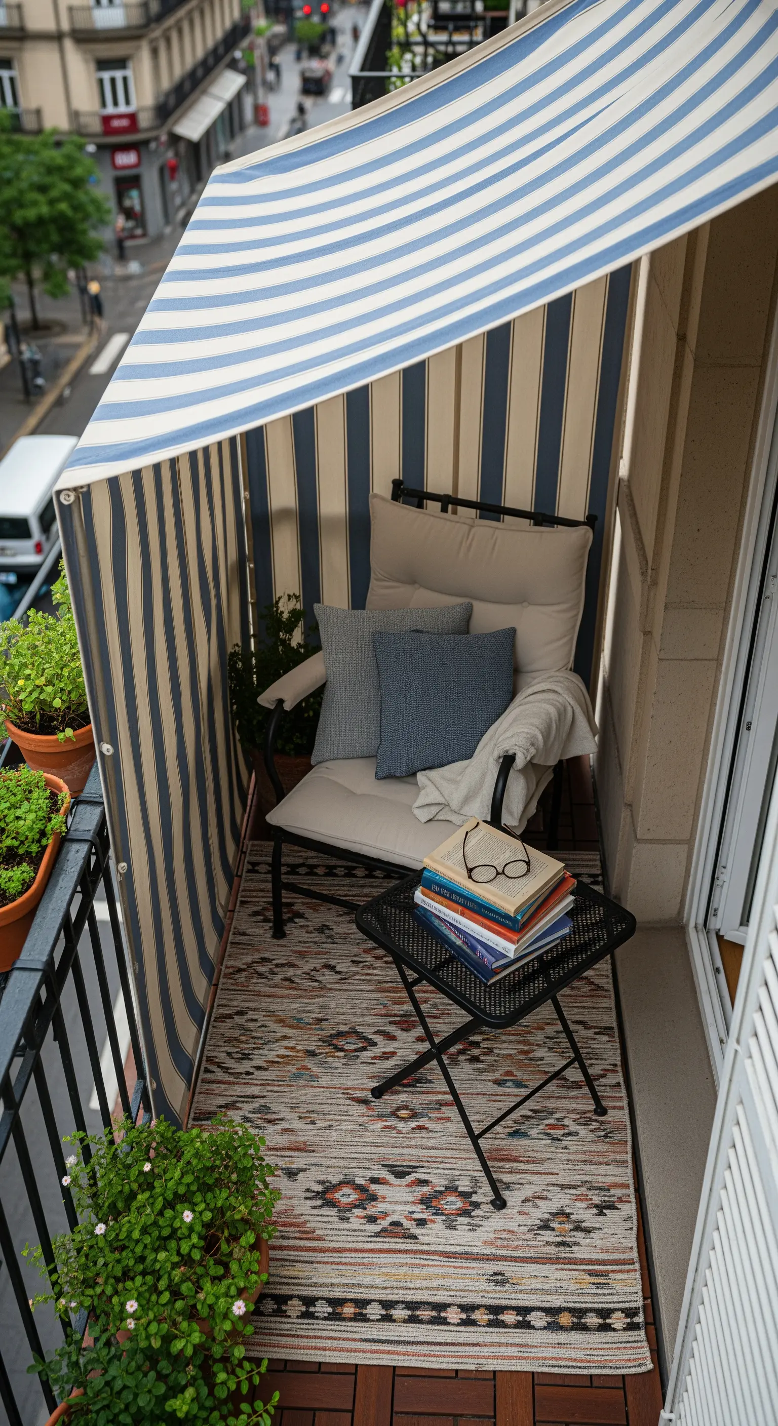 Balcone stretto trasformato in angolo lettura con tenda avvolgente e poltroncina comoda.