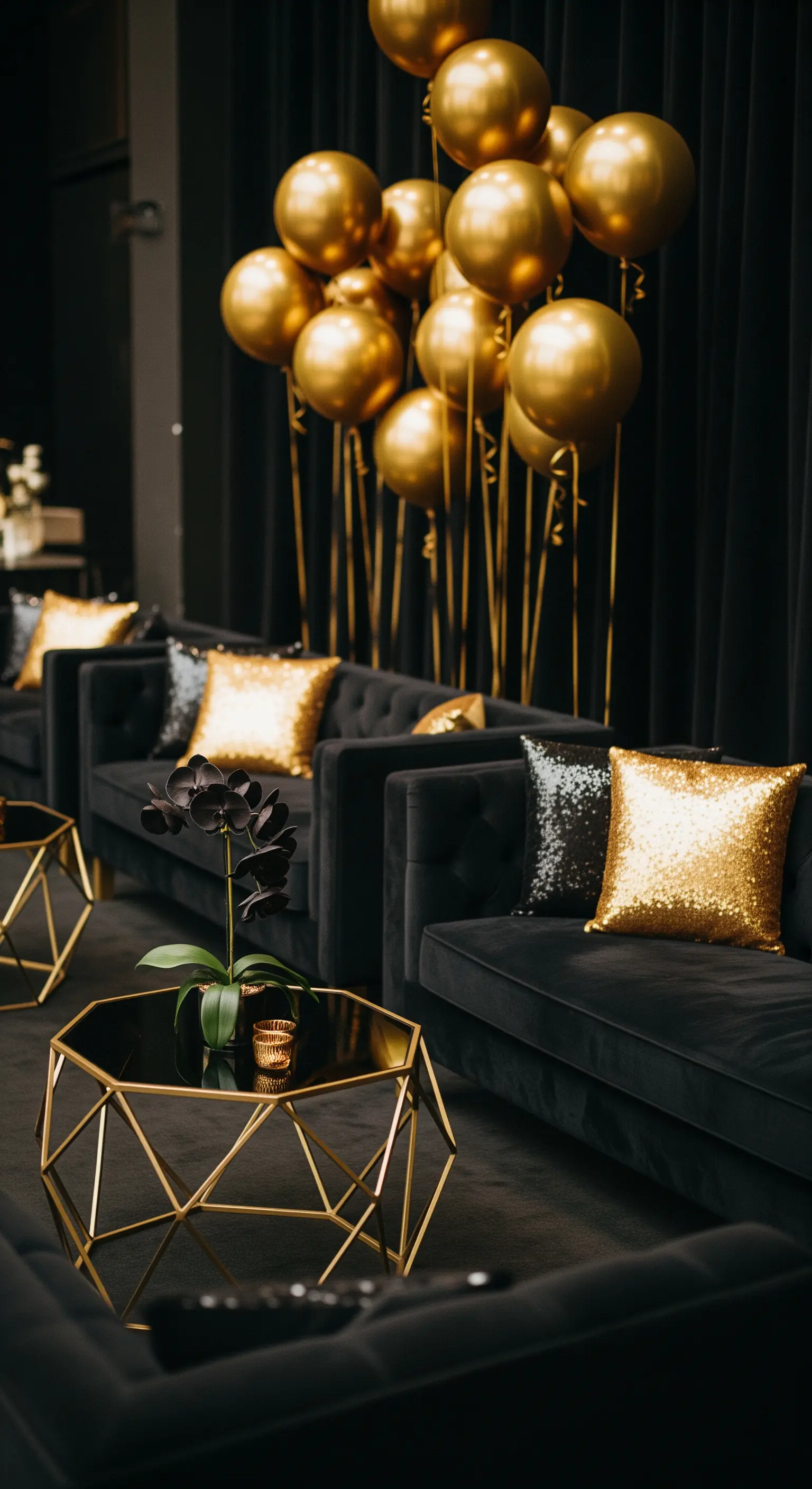 Area lounge con divani in velluto nero, cuscini con paillettes dorate e tavolino geometrico.