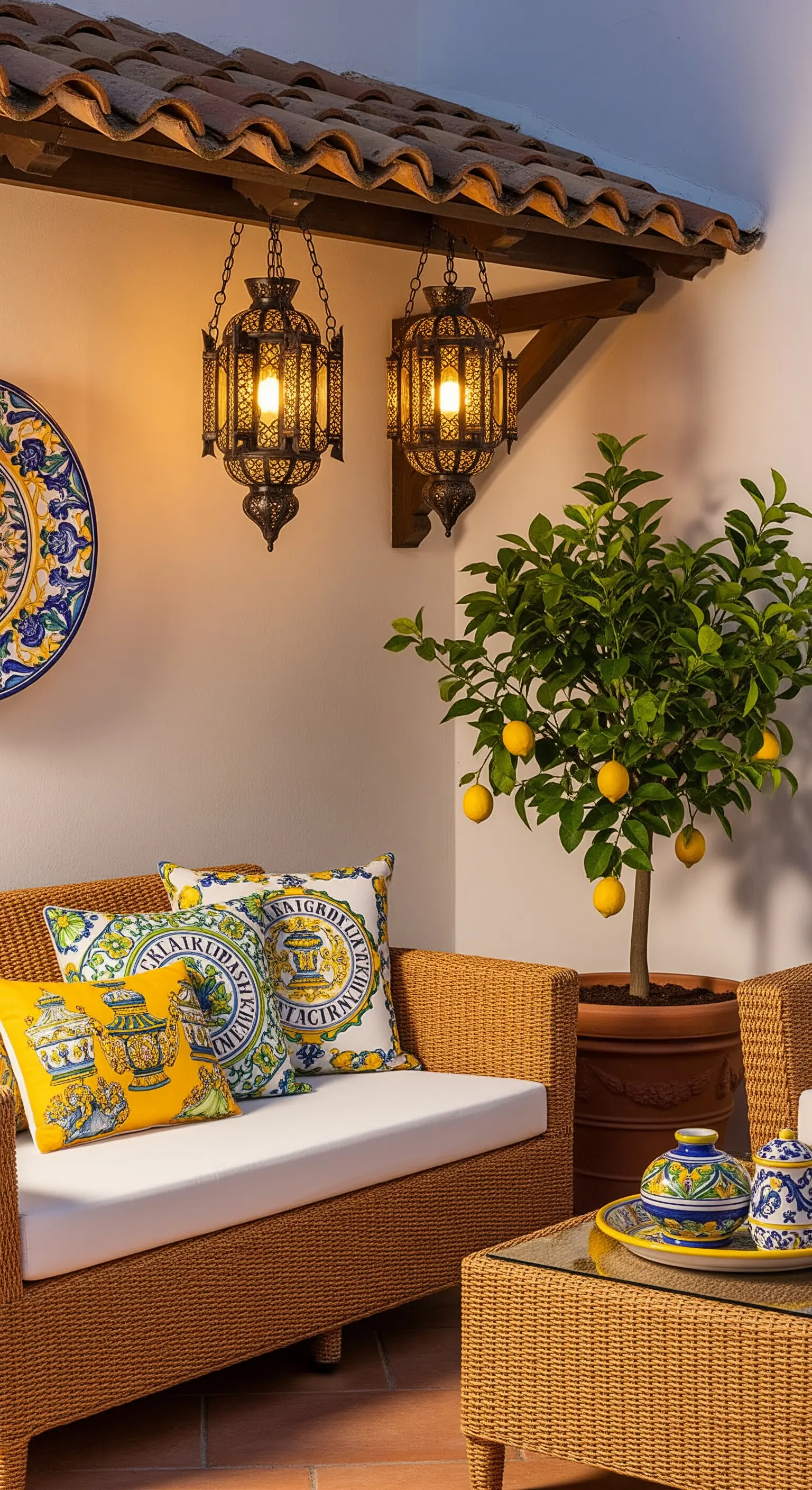 Angolo di un patio con divanetto in rattan, albero di limoni e lanterne in ferro battuto.