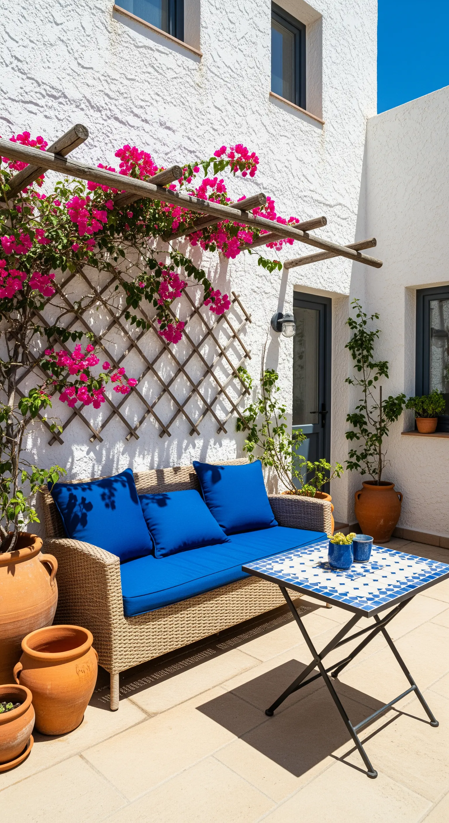 Patio mediterraneo con divano in vimini, cuscini blu, bouganville e tavolo con mosaico
