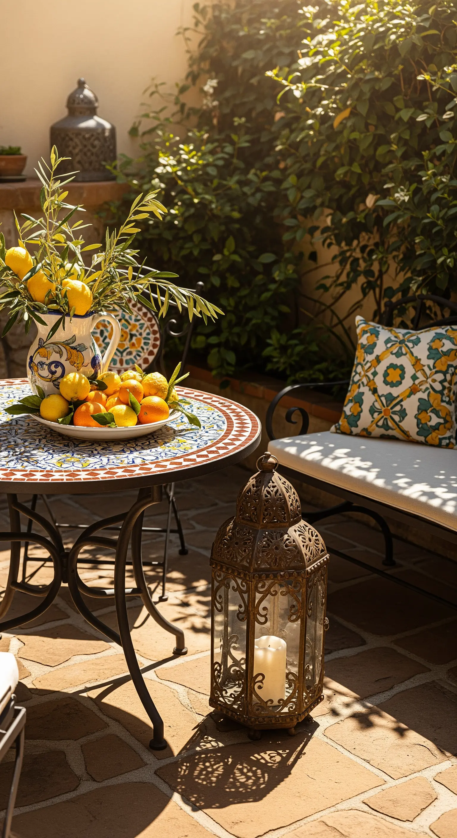 Tavolino in mosaico con agrumi freschi e una grande lanterna marocchina in un patio soleggiato.