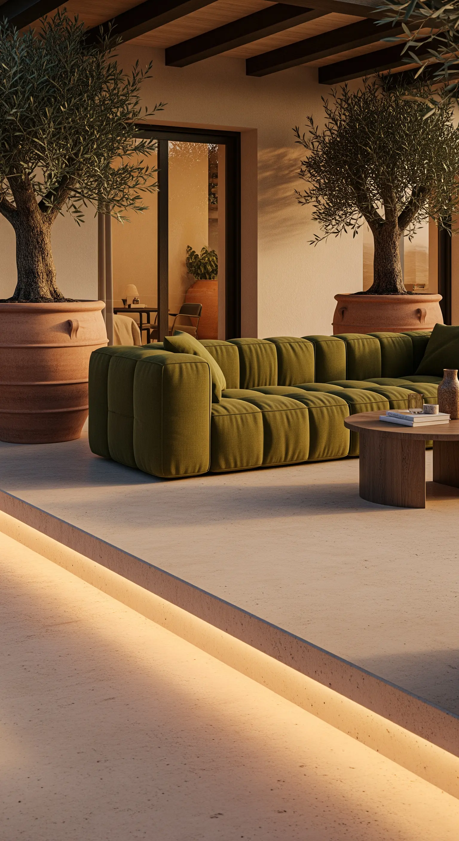 Portico in stile mediterraneo con divano verde, grandi ulivi in vaso e luce a LED calda