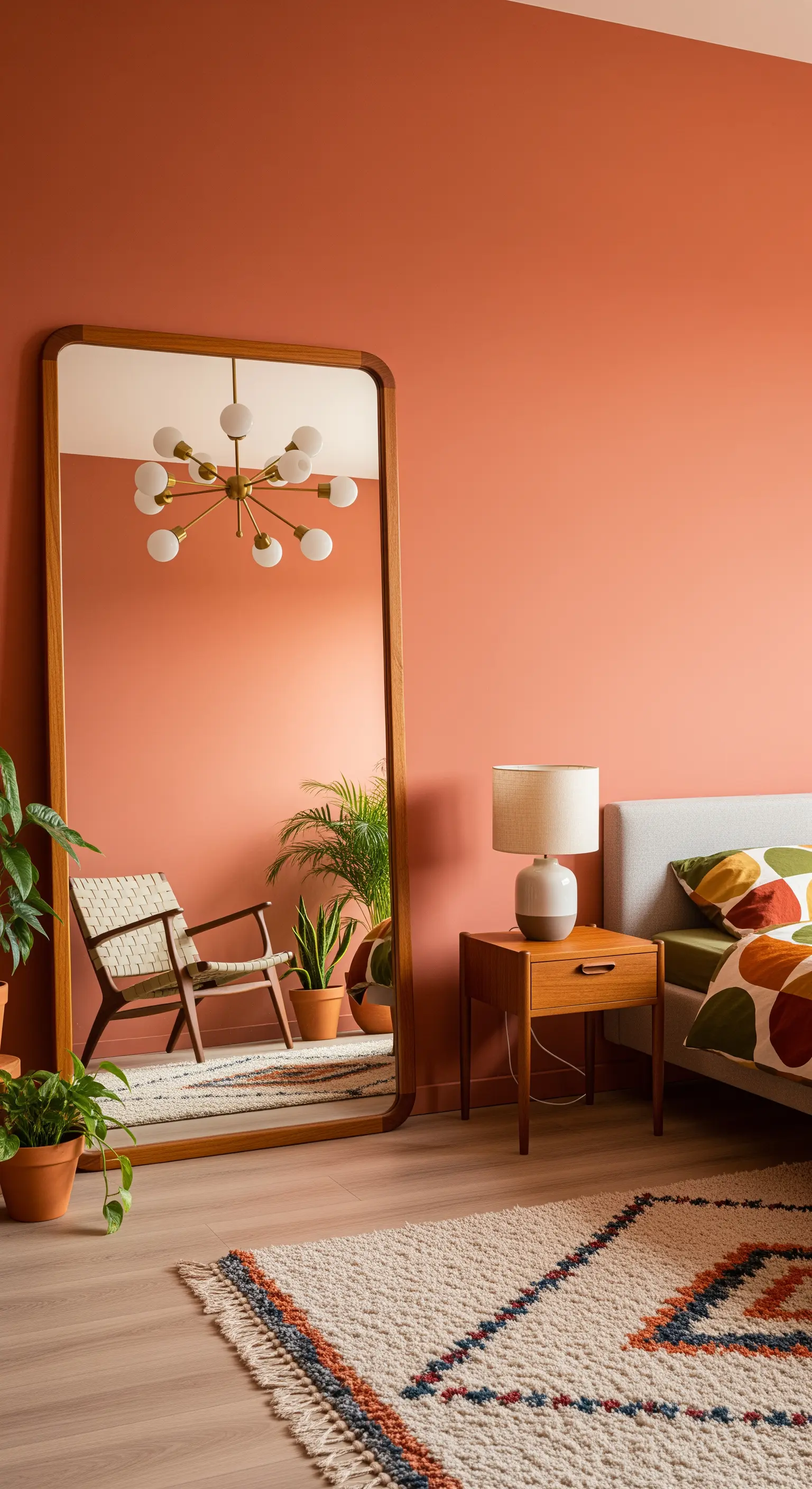 Specchio a figura intera con cornice in legno in una camera da letto color terracotta in stile Mid-Century.