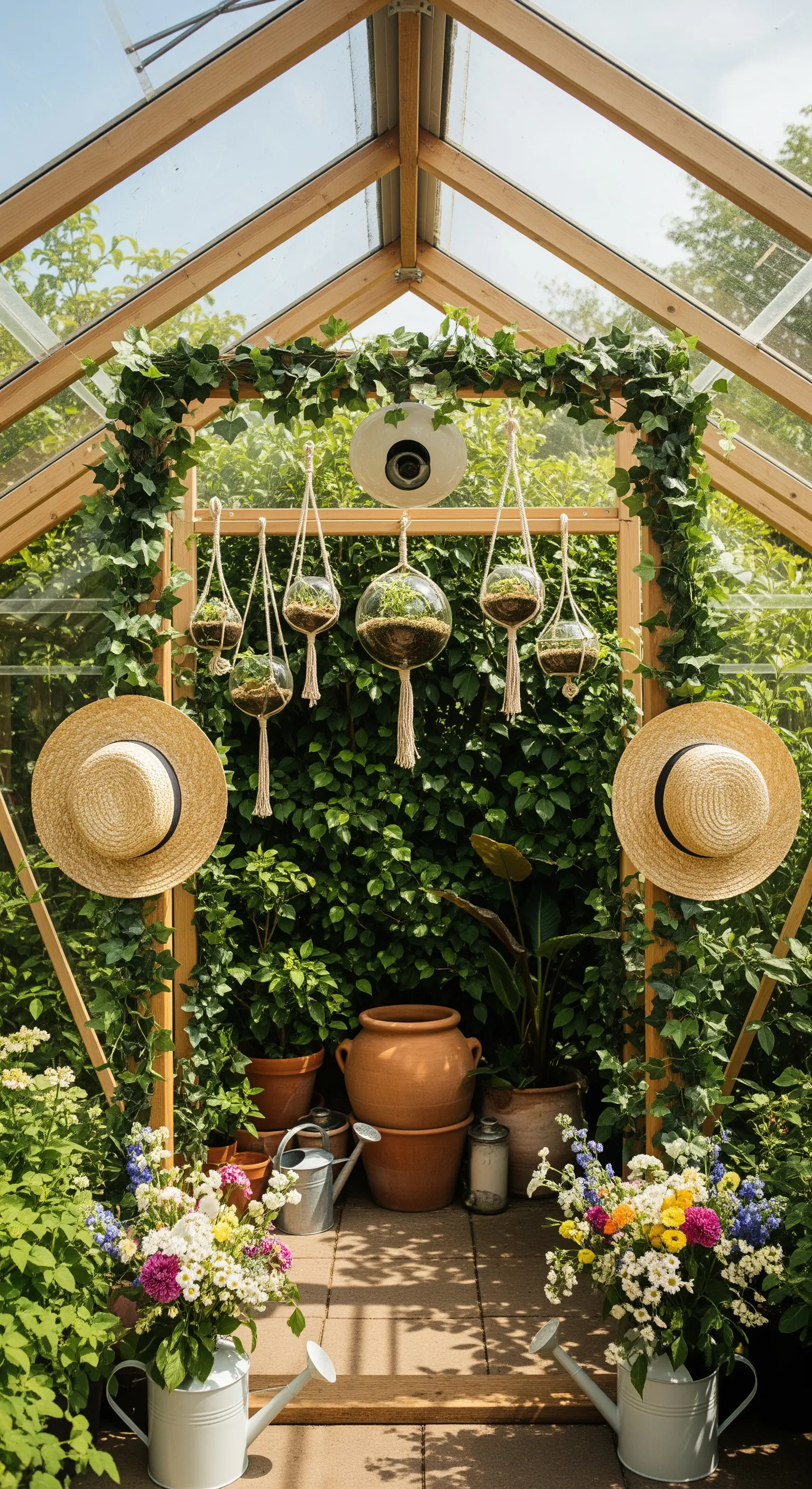 Photo booth all'interno di una serra, con cornice in legno, piante rampicanti e terrari sospesi.
