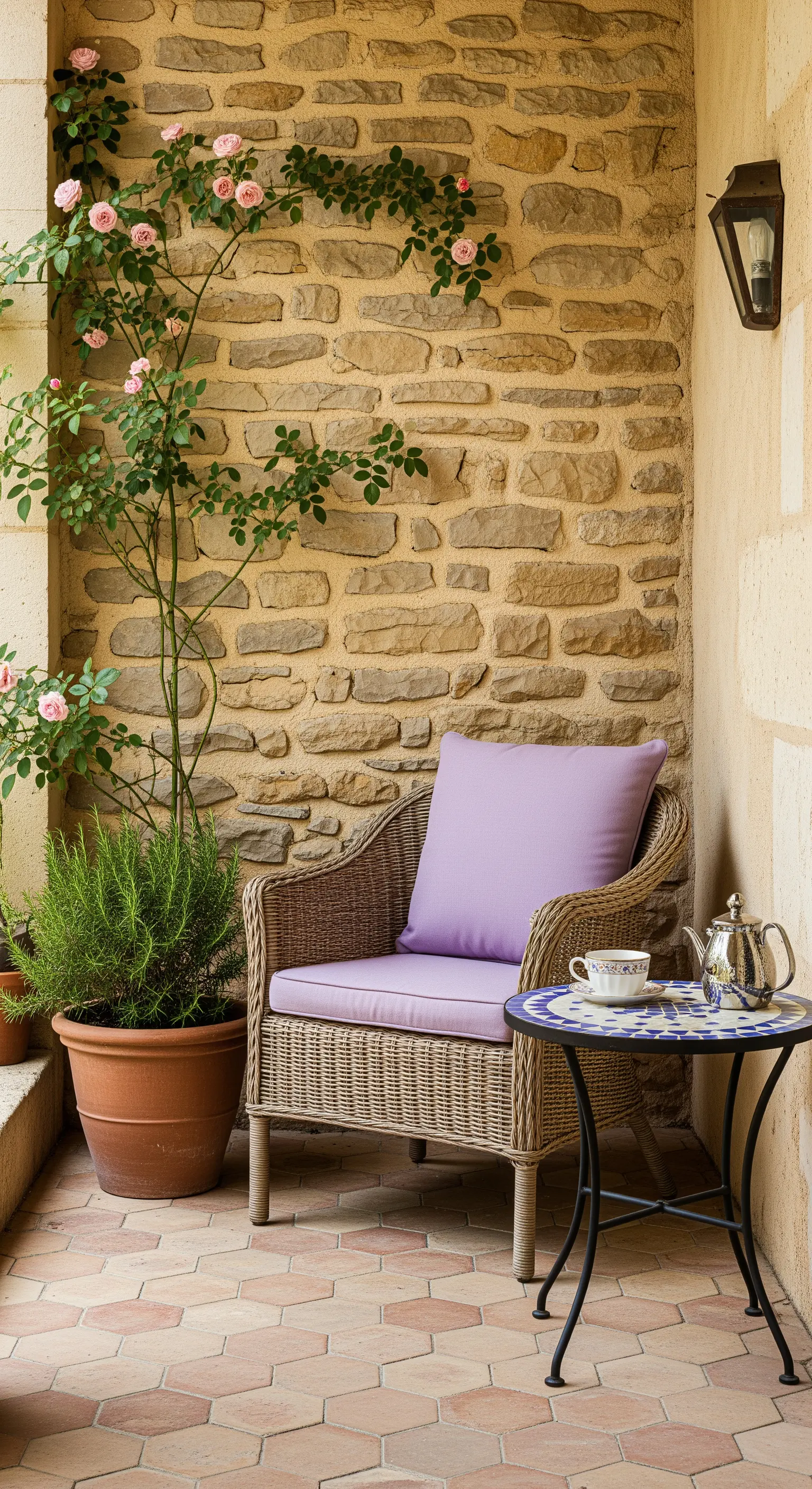 Angolo lettura con poltrona in vimini, cuscino color lavanda e tavolino a mosaico.