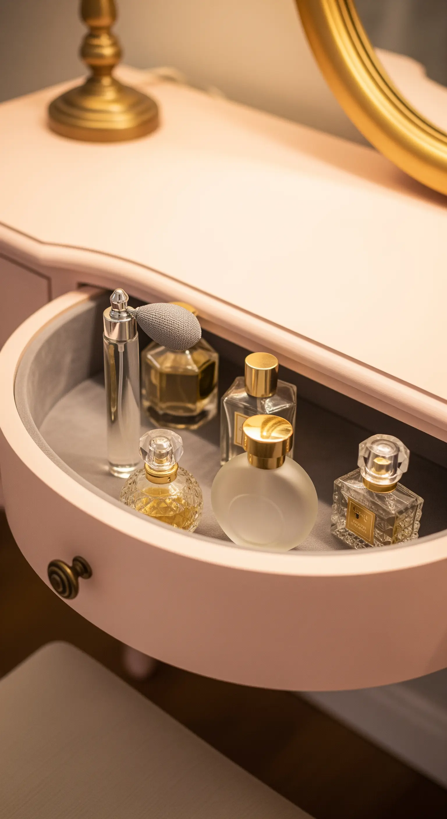 Cassetto curvo rosa, rivestito in feltro, con all'interno una collezione di boccette di profumo vintage.