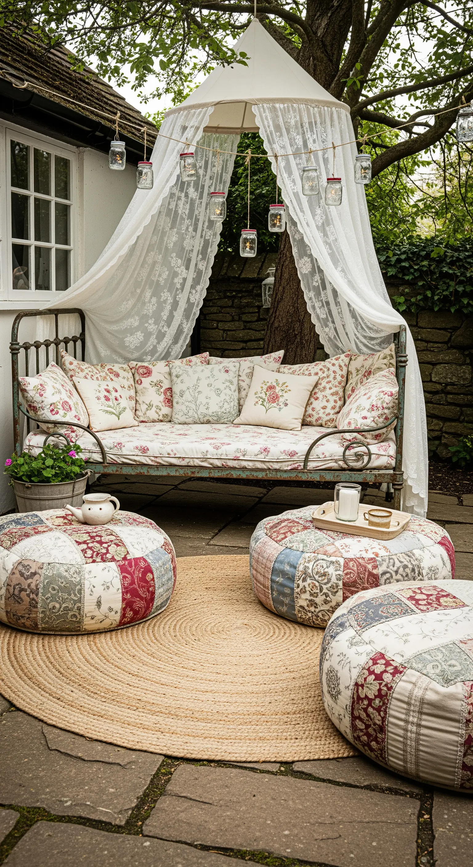 Angolo relax con divanetto vintage, pouf patchwork e un baldacchino in pizzo.