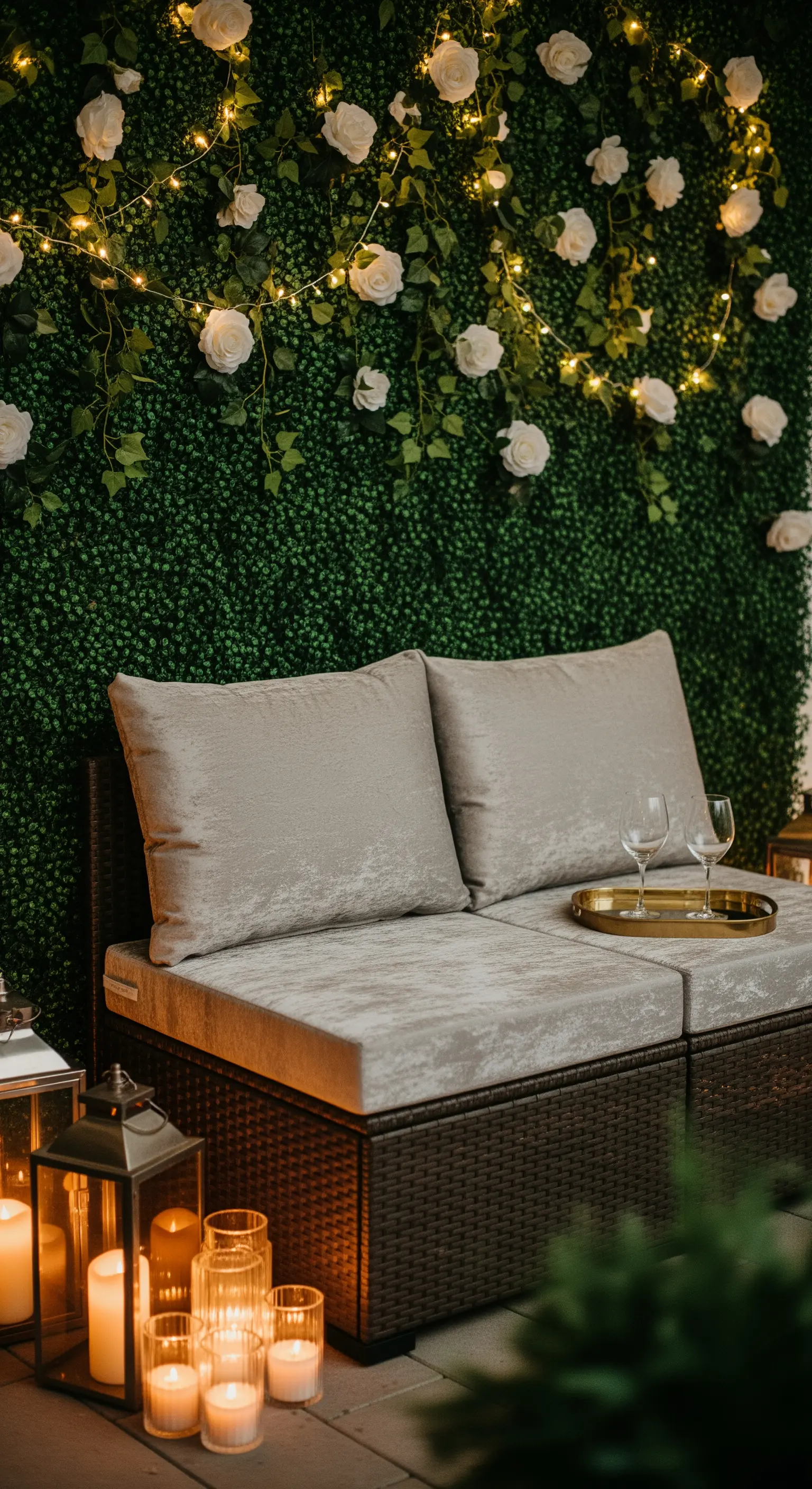 Divanetto in rattan con cuscini beige davanti a una parete verde decorata con rose bianche e luci.