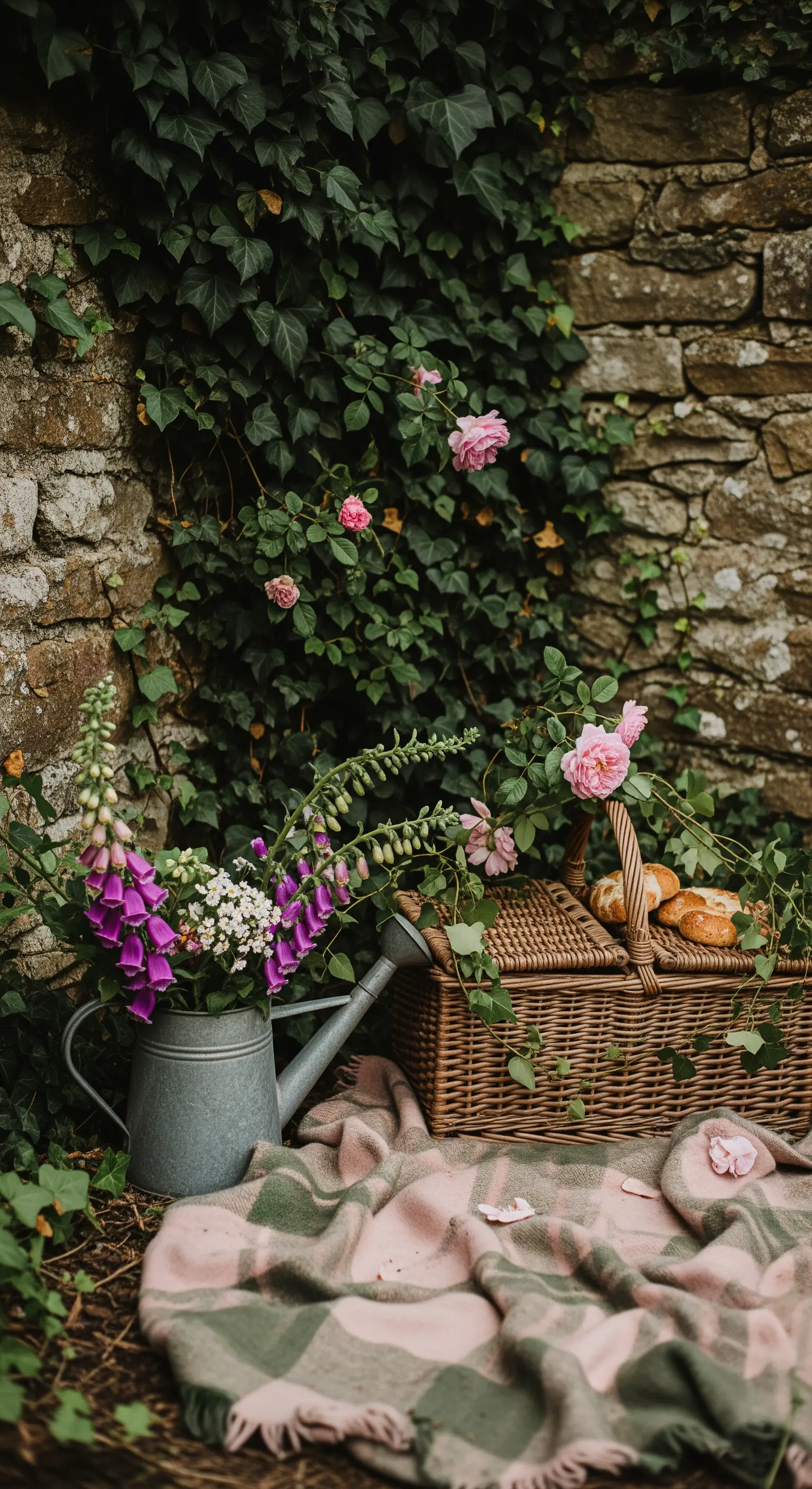 Picnic romantico vicino a un muro di pietra con coperta rosa e fiori in un annaffiatoio