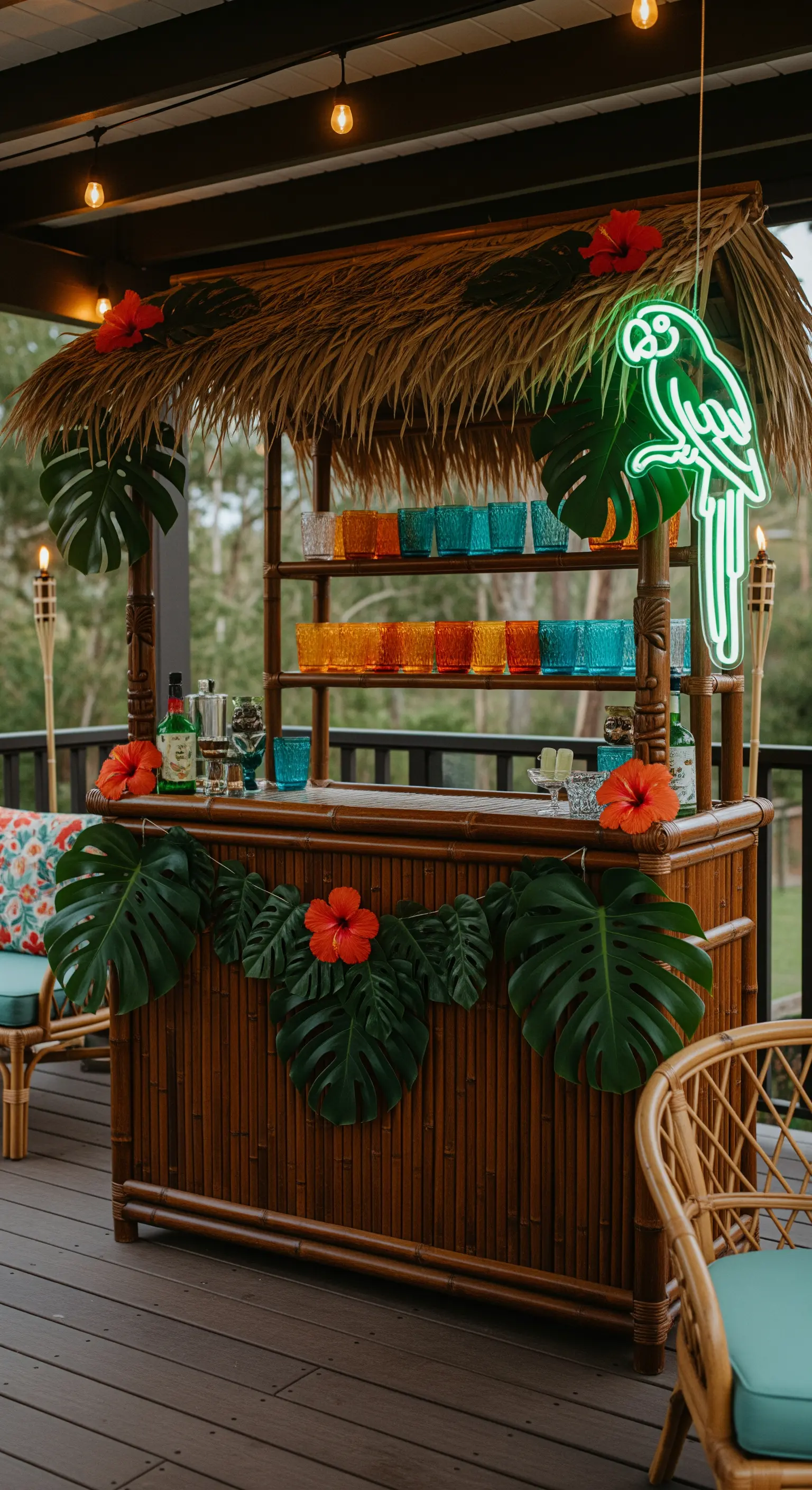 Bar tiki in bambù con tetto di paglia, insegna al neon a forma di pappagallo e foglie tropicali.