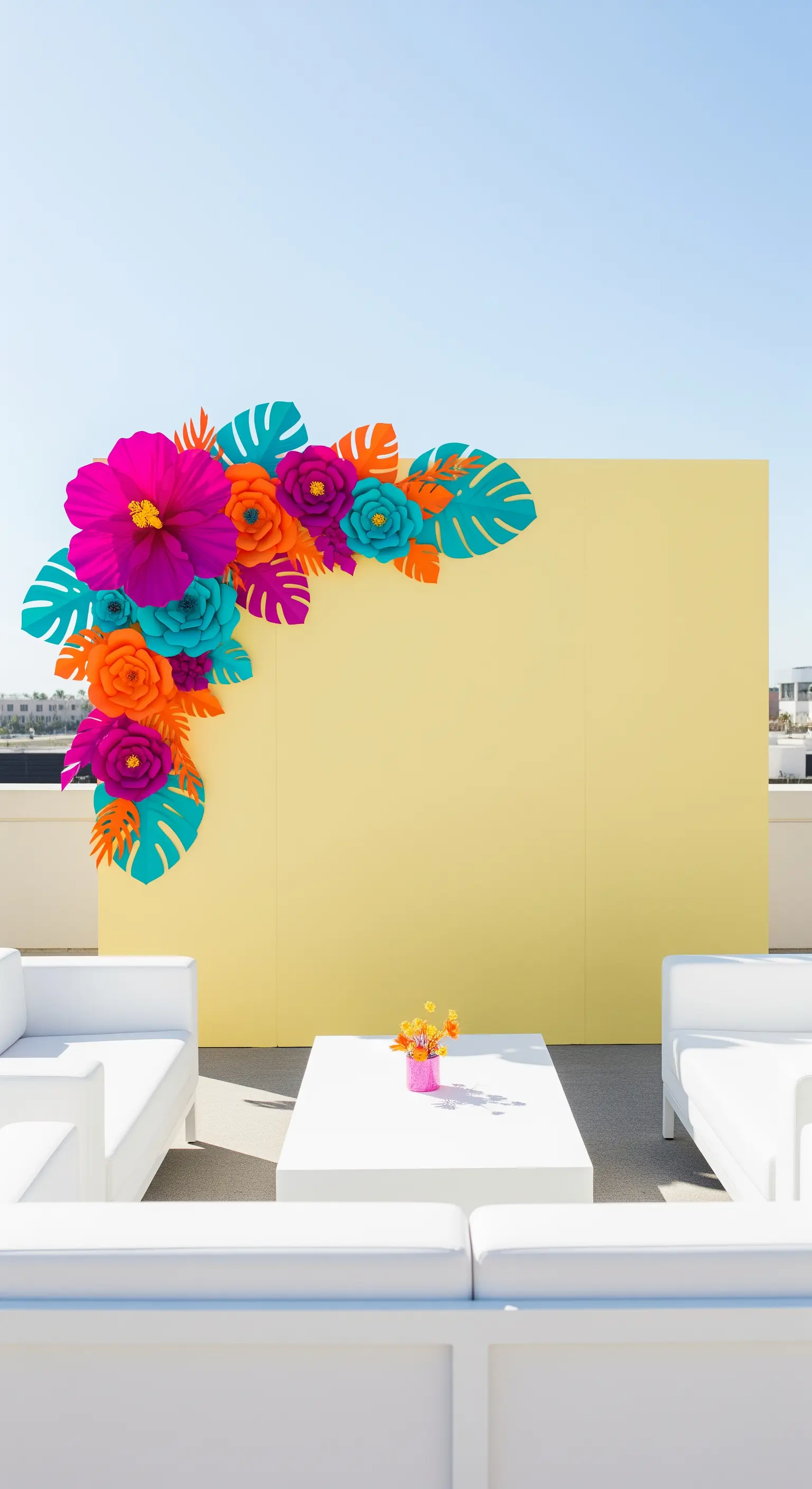 Backdrop giallo su una terrazza, decorato con fiori e foglie tropicali di carta.
