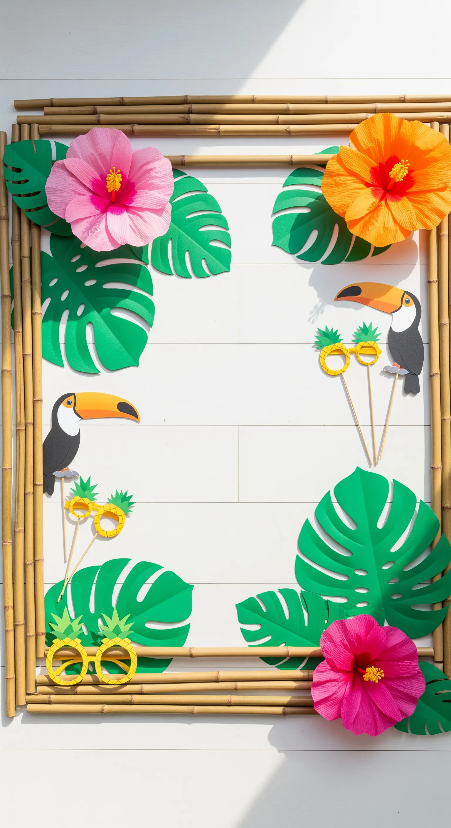 Cornice di bambù con fiori tropicali di carta e accessori per un photobooth a tema estivo.