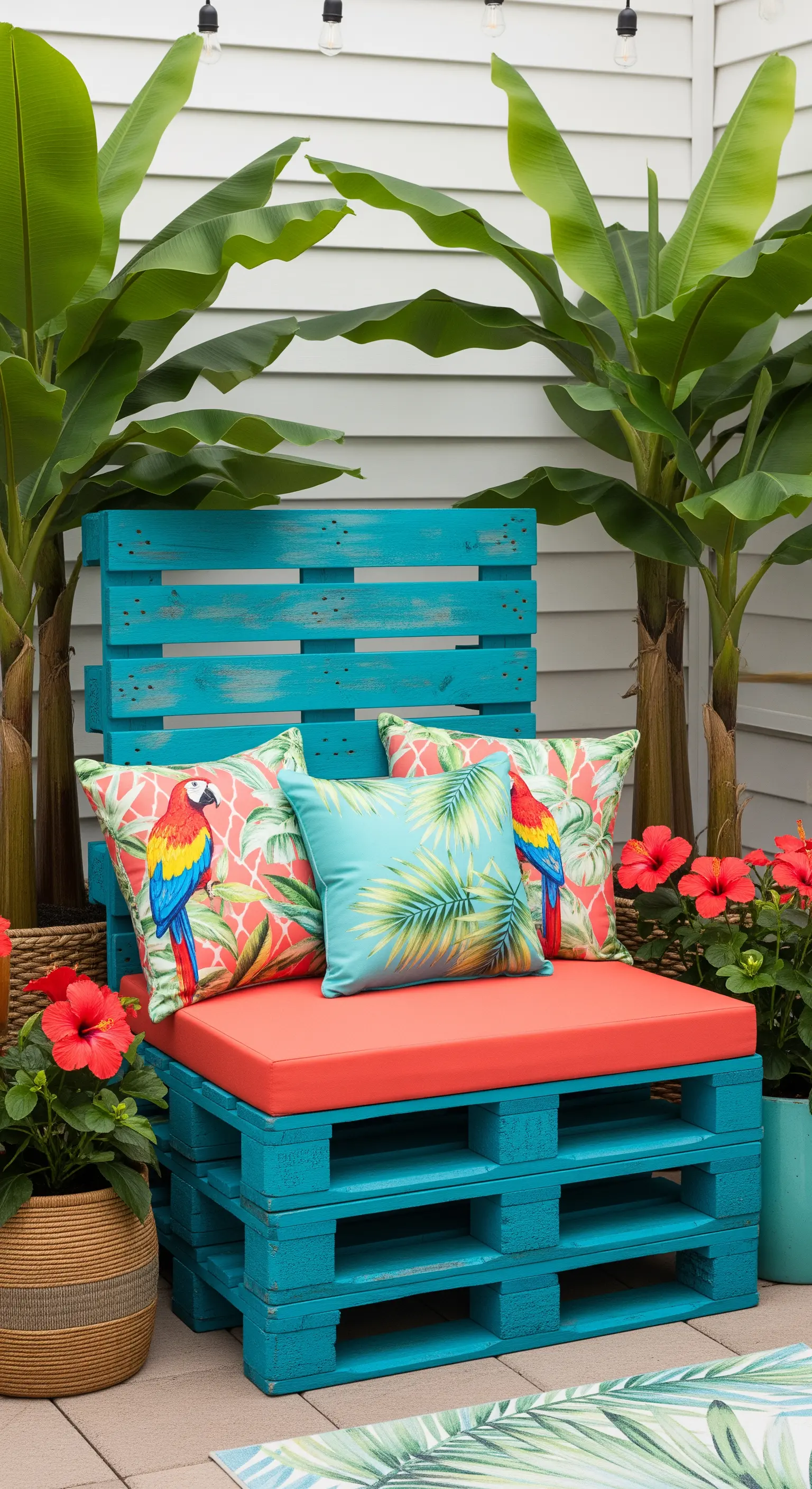 Poltrona in pallet verniciata di turchese con cuscini a tema tropicale e pappagalli