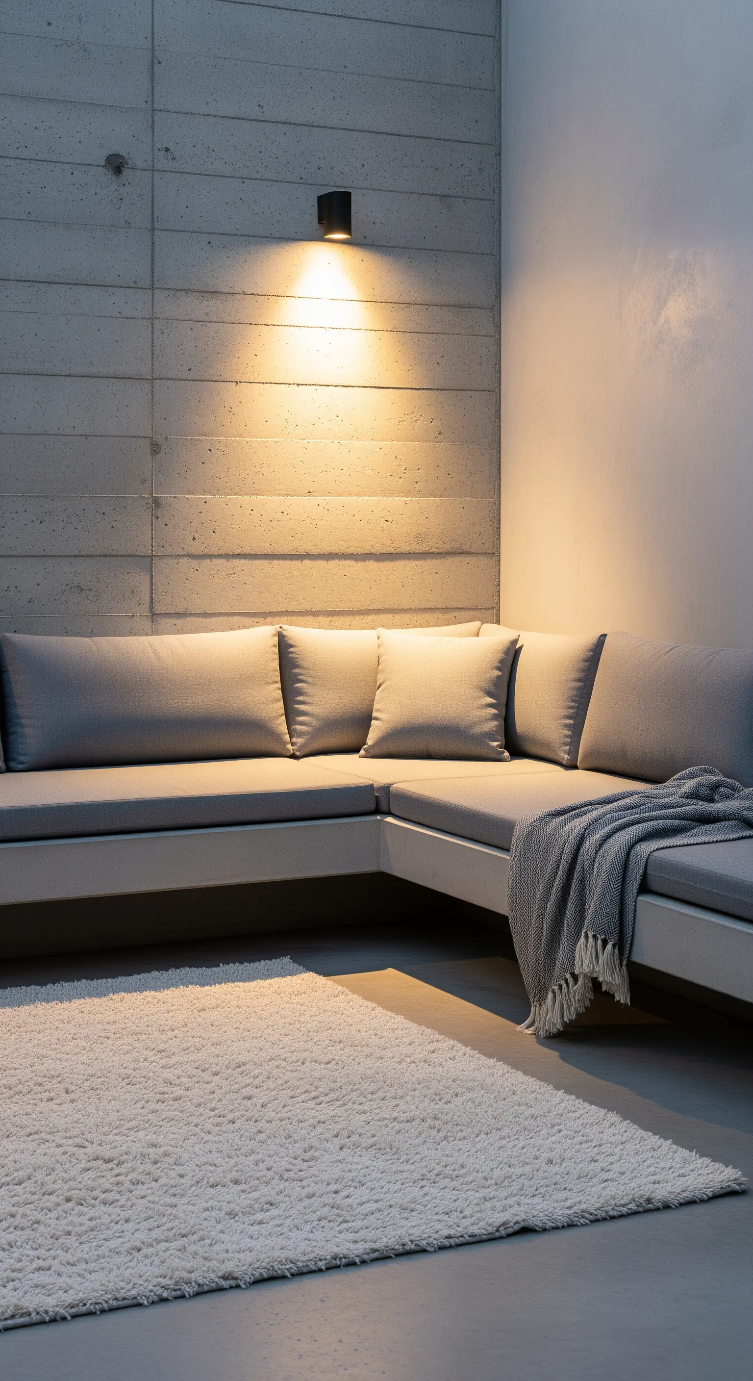 Angolo di un patio minimalista con divano grigio e una singola applique a parete.