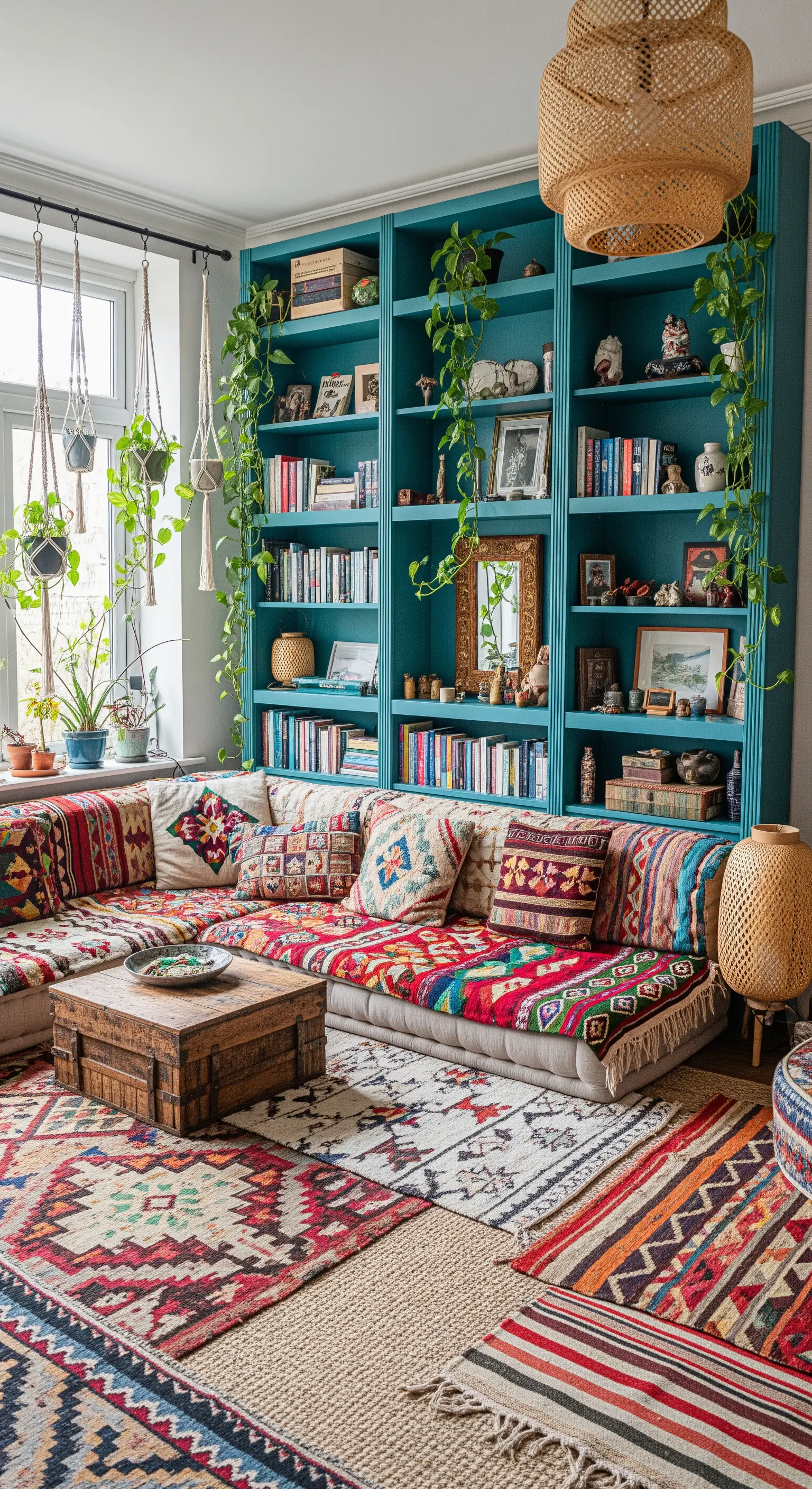 Salotto bohémien con libreria color ottanio, piante pensili e tappeti etnici.