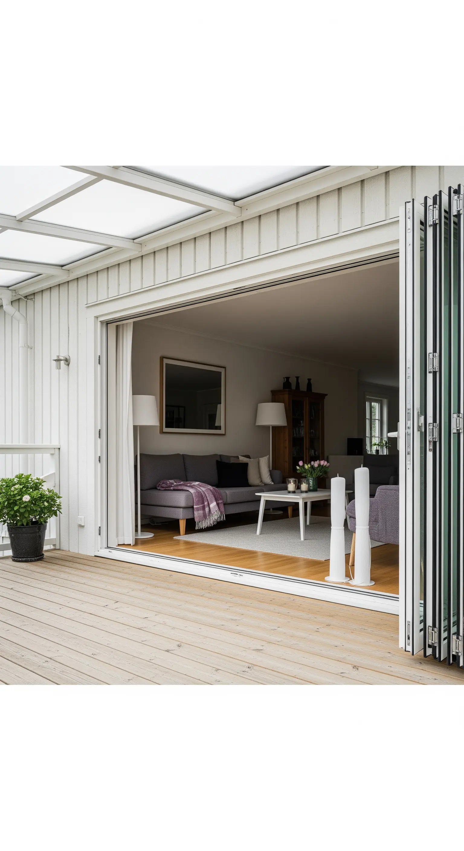 Porte a libro in vetro completamente aperte che collegano un soggiorno a una veranda in legno