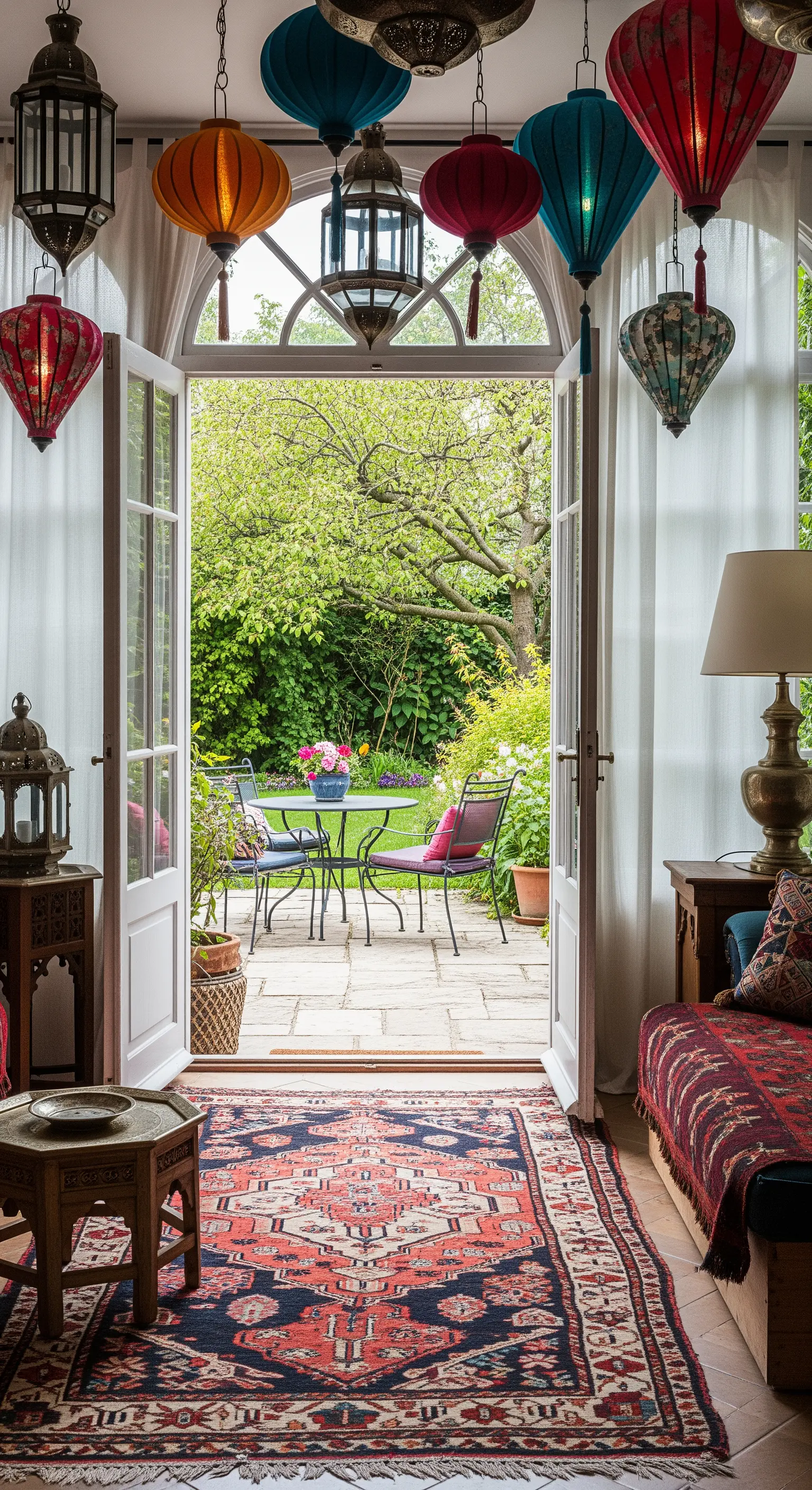Veranda bohémien con tappeto persiano che si affaccia su un giardino, con lanterne colorate sospese